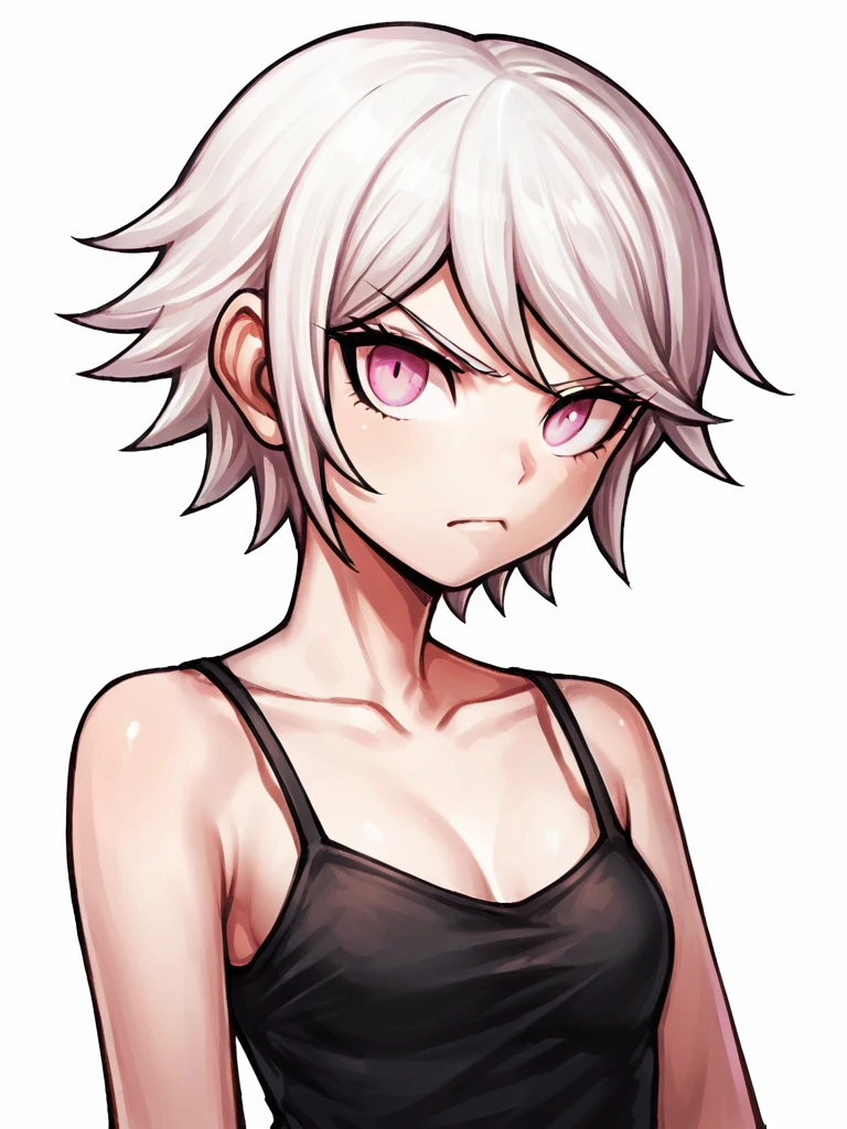 score_9, score_8_up, score_7_up, 
1girl, white background, pink eyes, short hair, white hair, frown, looking at viewer, black camisole, small breasts, upper body,
