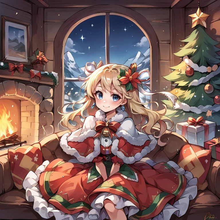 (score_9, score_8_up, score_7_up), source anime,  <lora:backgroundsetXL:0.2> , background,  indoor, interior, winter, log cabin, fireplace, sparkles, glitter, fairies, christmas, mountain, BREAK
<lora:Priscilla:0.6> , prdef, 1girl, blonde hair, blue eyes, long hair, hair ornament, hair ribbon, white hair ribbon, neck ribbon, yellow neck ribbon, hair flower, earrings, capelet, fur-trimmed capelet, dress, red dress, layered dress, frilled dress, red sleeves, white shirt, frills, upper body, ruffles, lace, smile, sitting in sofa, christmas (theme), perfect hands, arms at sides, looking at viewer, <lora:3th3r34lXLP:0.5> , 3th3r34l,