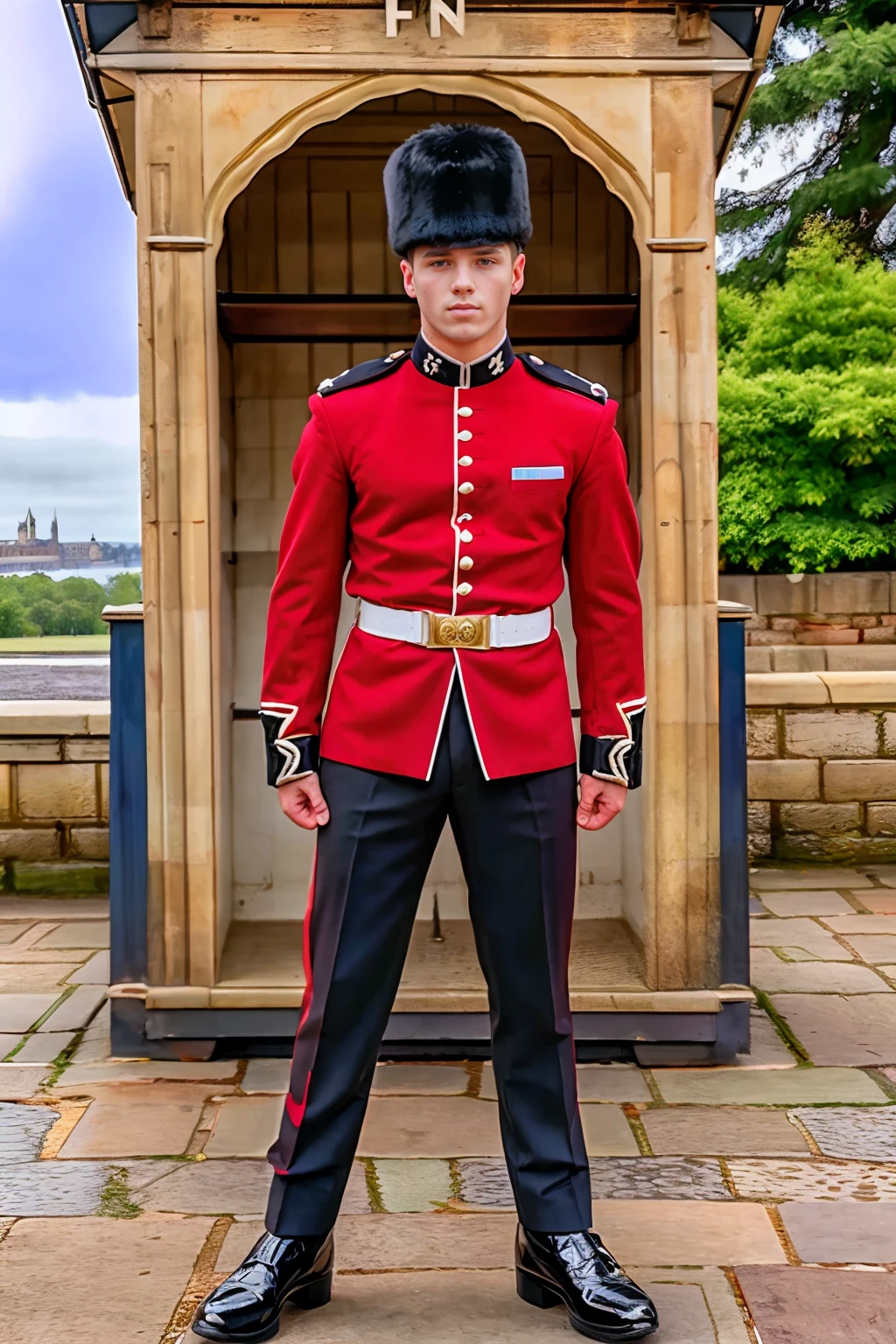 Windsor Castle in the background, standing next to a guard house, JuicyJC wearing (kg_uniform), red jacket, black pants, (male focus:1.2), (((full body portrait))), wide angle <lora:JuicyJC:0.8> <lora:kg_uniform:0.9>