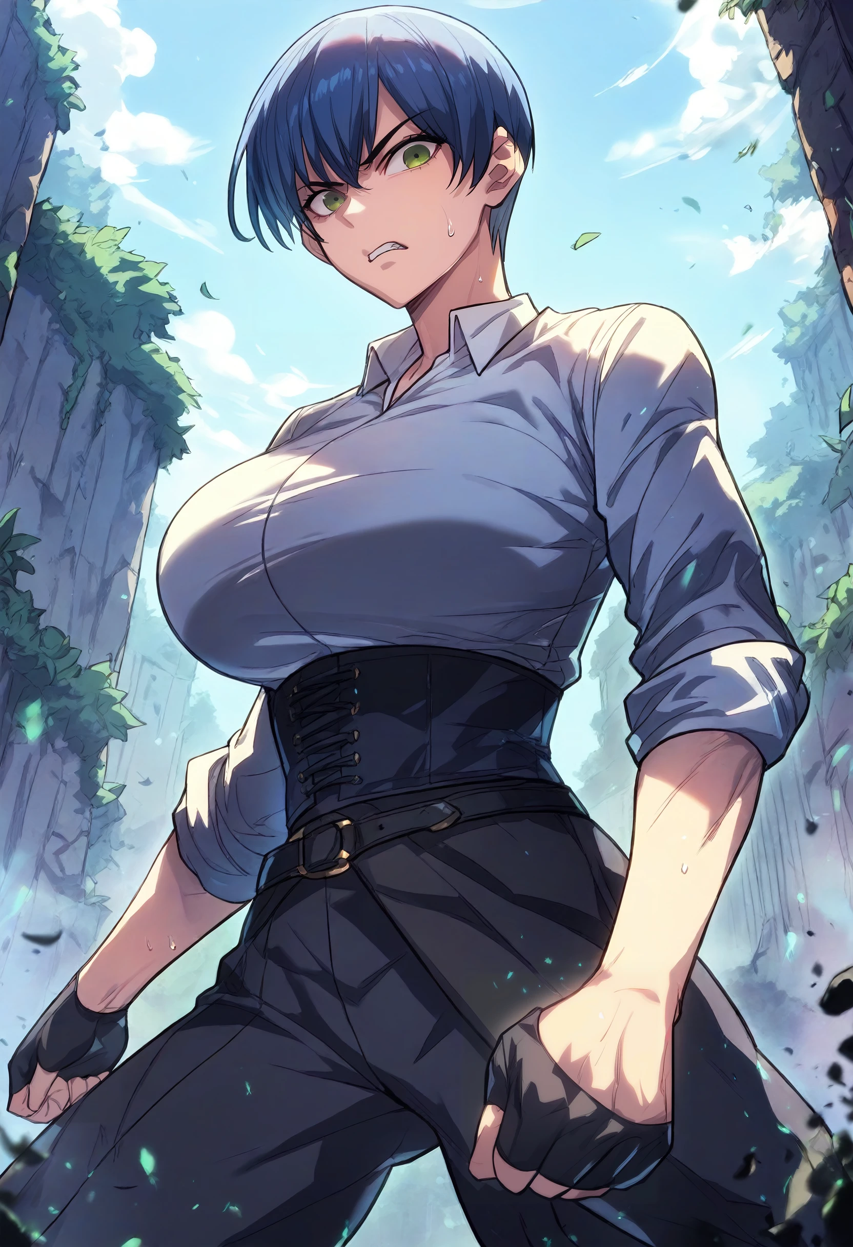 score_9, score_8_up, score_7_up, score_6_up, source_anime, rating_explicit, 1girl, (solo:1.1), huge breasts, <lora:Yoo Ah-yeong prefectPonyxl:0.9> short hair, green eyes, blue hair, white shirt, collared shirt, sleeves rolled up, black corset, black belt, black gloves, black pants, serious, clenched teeth, dungeon, outdoors, standing, looking at viewer, (fighting stance:1.1)