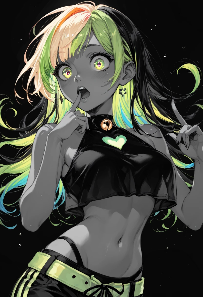 embedding:PonyScores7, 1 character, two-tone hair, rainbow hair, GreenYellow hair,   deeppink eyes, LawnGreen overhang, navel, midriff <lora:Clothing\overhang>,  finger to cheek,    surprised, (black background), glow, neon,monochrome <lora:Style\Monochrome_Neon_Glow_Style:0.9>