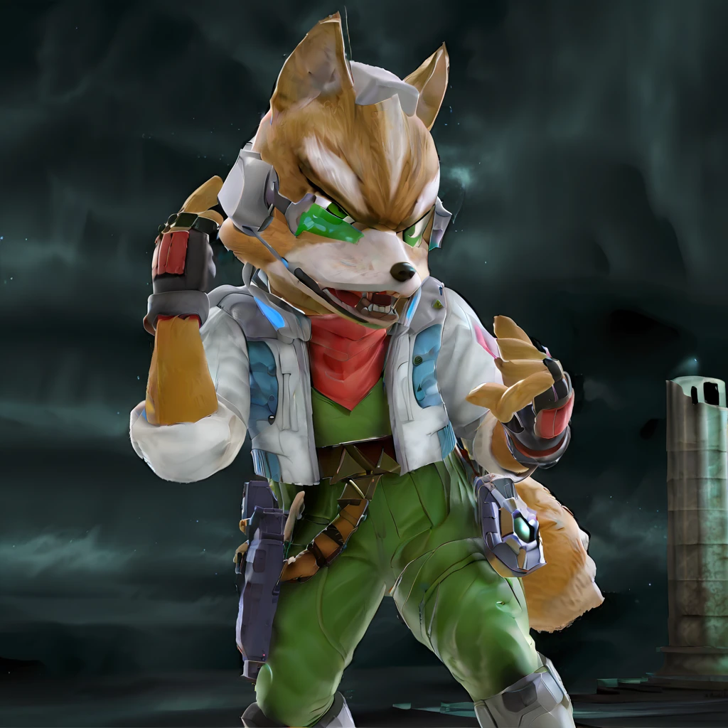starfox, tail, furry, gun, headset, helmet, male focus, white background, sky, gloves