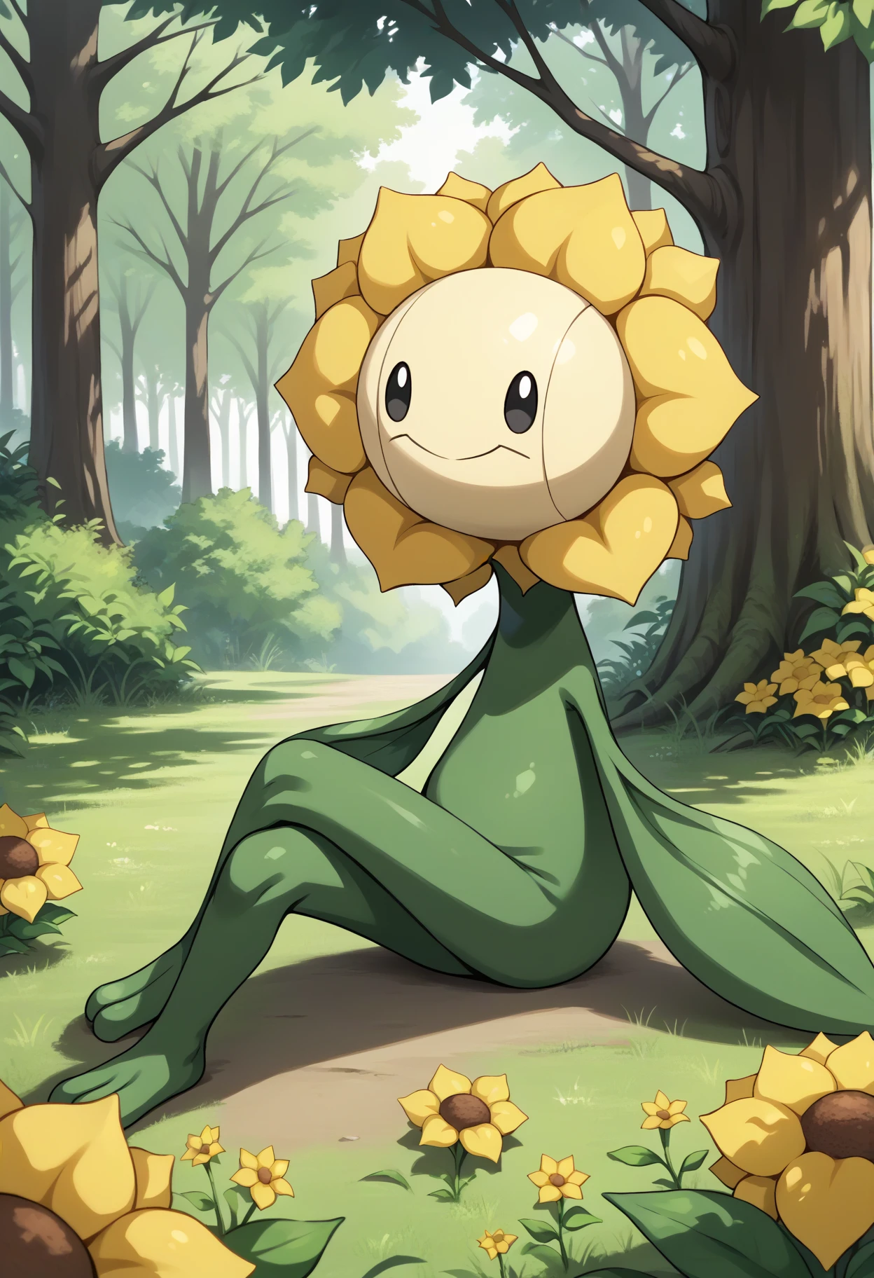 score_9, score_7_up, source_anime, sitting, on ground, crossed legs, <lora:SunfloraPKMN-pdxl:1> sfl0r, pokemon \(creature\), no humans, yellow flower, black eyes, smile, closed mouth, tree, outdoors