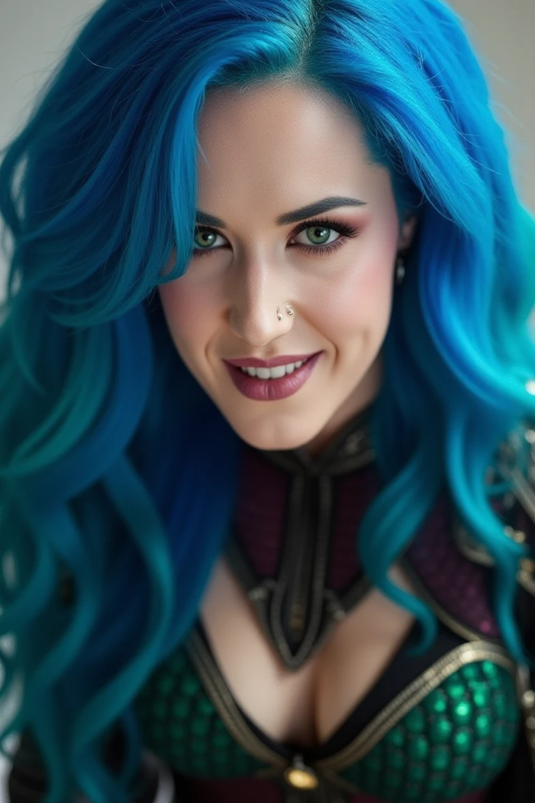 cinematic photo  <lora:AlissaWhiteGluzQuironFLUX-000001:1.3> AlissaWhiteGluzQuiron, AlissaWhiteGQuiron, a photograph of  a  woman  with blue hair a and green eyes,  narrow waist,  smiling  , perfect hands,  cosplaying wearing  princess mera from aquaman costume,   . 35mm photograph, film, bokeh, professional, 4k, highly detailed