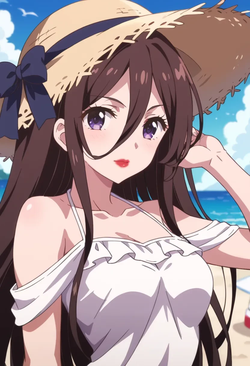 score_9, score_8_up, score_7_up, score_6_up,
source_anime, masterpiece, anime screencap,

1girl, solo,

Nukui Tomomi, lipstick, red lips, long hair, makeup, hair between eyes, purple eyes, brown hair,

summer hat, summer dress, beach, standing