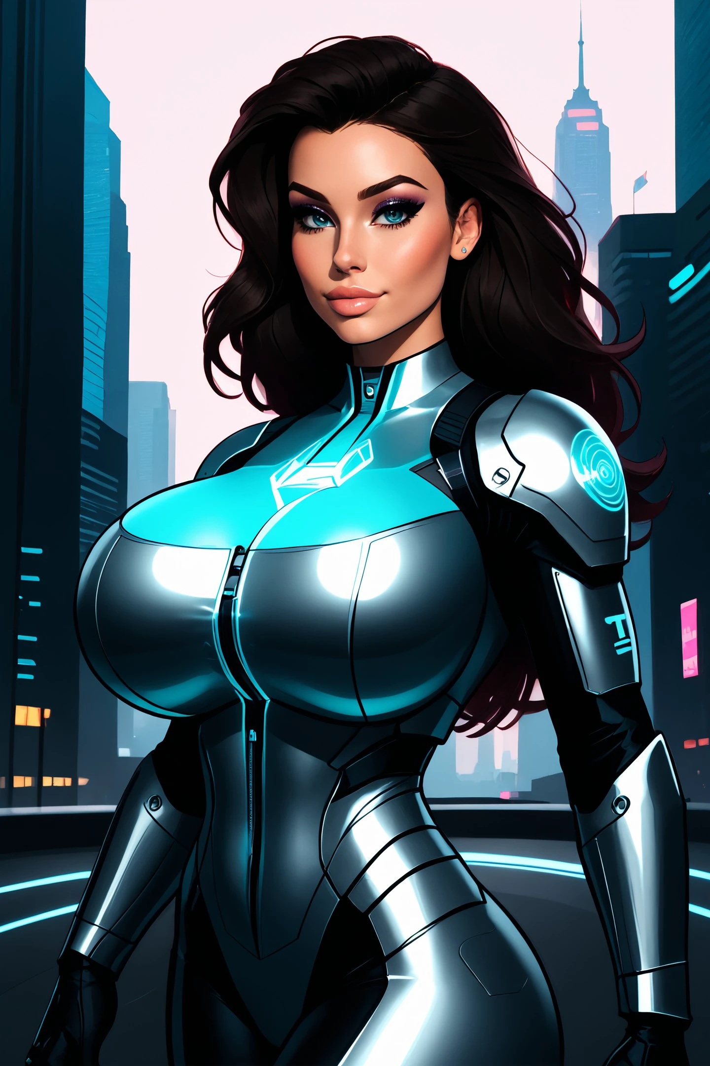 woman closeup, A woman standing alone in a futuristic city, (huge breasts:1.4), thepit style,wearing sleek, modern armor, with glowing holograms and flying drones zipping past in the background.  ,