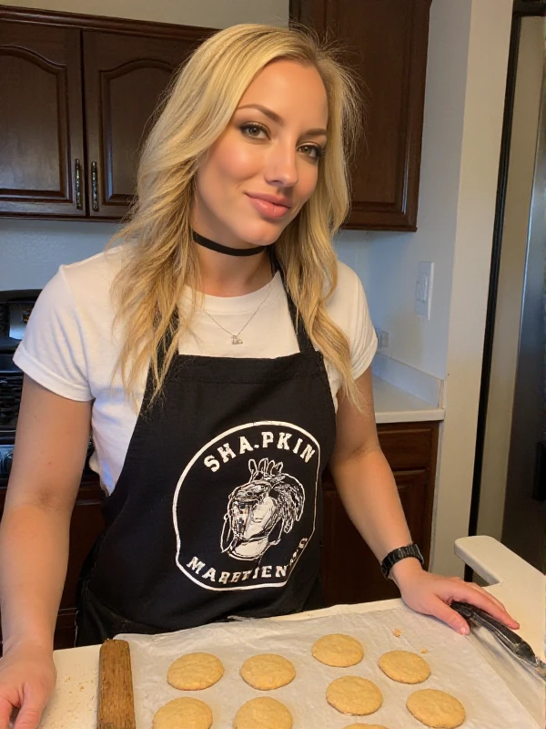 Nita Strauss is baking cookies wearing a apron in a kitchen <lora:Nita_Strauss:0.9>