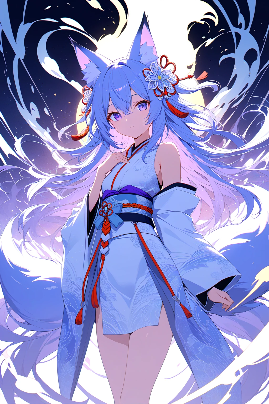 (ink splashing), color splashing, (amazing), ((1girl)),(beautiful detailed face), (close to viewer),((absurdly long hair,multicolored hair,gradient hair,shiny hair,streaked hair,aqua hair,colored inner hair,alternate hair color,hair up,crossed bangs,hair wings,disheveled hair,hair strand,crossed bangs,hair between eyes,musical note hair ornament)) ，((extremely beautiful and detailed eyes，multicolored eyes,gradient eyes,glowing eyes,sparkling eyes,eyeshadow))，flowing long black hair, ru dress, blue streaked hair, red eyeshadow, {sea of (lycoris radiata)},((higanbana)), dynamic angle, flowing detailed ribbon, starry night, medium breasts, black hair, messy long hair，best quality, amazing quality, very aesthetic, absurdres