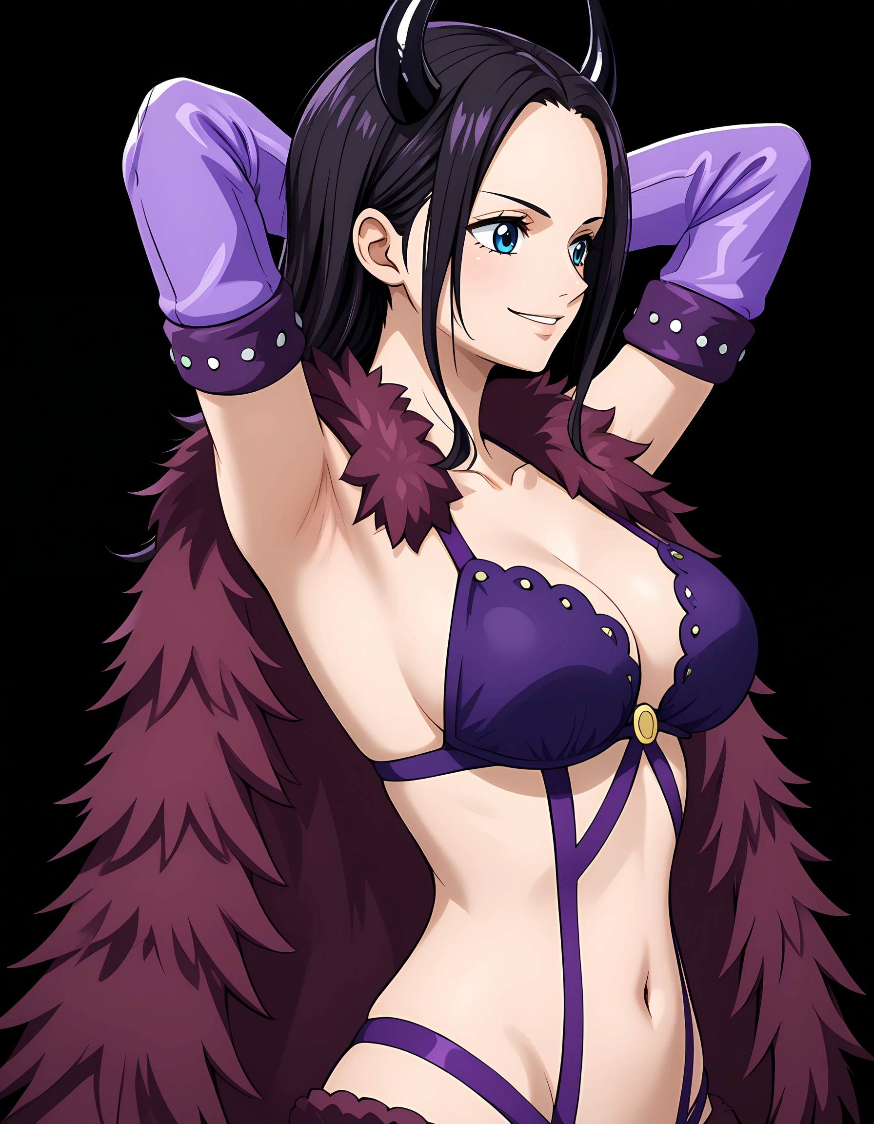 <lora:Nico_Robin-000011:1>, n1corobin, 1girl, solo, simple black background
onigashima-outfit, horns, navel, fur cape, boots, purple gloves, thighhighs, purple bikini, upper body
standing, side view, hands behind head, smile