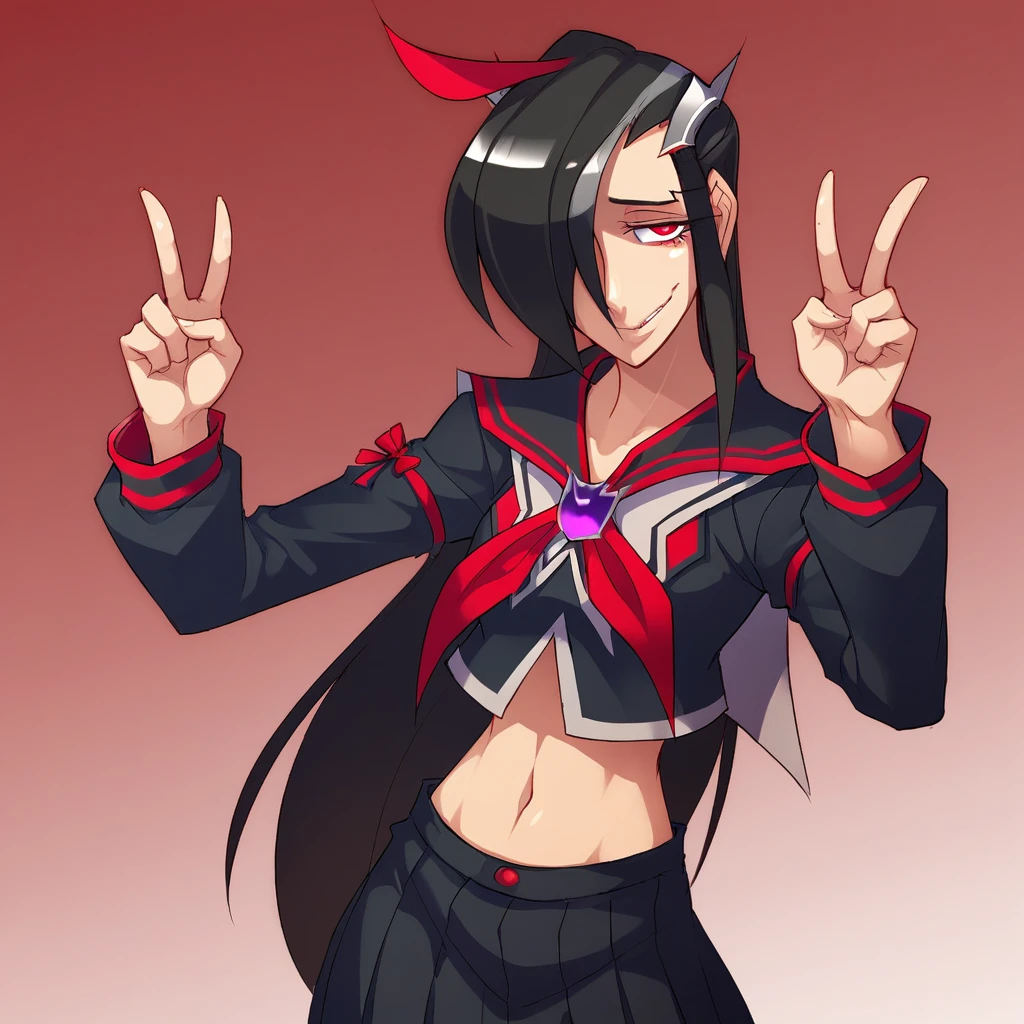 score_9_up, score_8_up, BREAK, StarScream, 1girl, solo, black hair, hair over eyes, red eyes, school uniform, midriff, black skirt, cowboy shot, double v  <lora:Starscream_RYUSEI-R_PXL_Leaf1:0.8>, red gradient background,