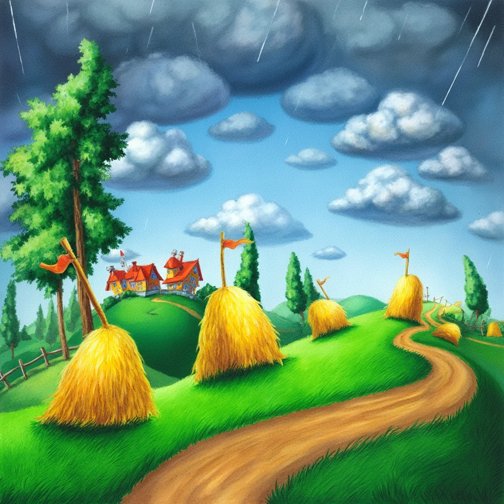 The PIVIG image style. This is a vibrant, whimsical, digital illustration depicting a fantastical, idyllic countryside scene. The image features a lush, green landscape with rolling hills and a winding dirt path cutting through the center, leading the viewer's eye towards the horizon. The foreground is dominated by several large, golden haystacks, each topped with a small, pointed roof and a flagpole bearing a flag, adding a whimsical touch. The haystacks are placed irregularly across the scene, some near the path and others in the distance.

Tall, slender trees with lush green foliage line the left side of the image, with a particularly tall tree standing out on the left, its branches stretching towards the sky. The sky above is a gradient of blue, transitioning from a deep azure near the horizon to a lighter shade at the top, filled with fluffy, dramatic, dark grey and white clouds. Rain is falling from the clouds, creating a sense of movement and depth.

In the background, a charming, colorful village with red-roofed buildings and chimneys is nestled on a hill, surrounded by more greenery. The village architecture is detailed with steeply pitched roofs and chimneys, giving it a quaint, storybook appearance.