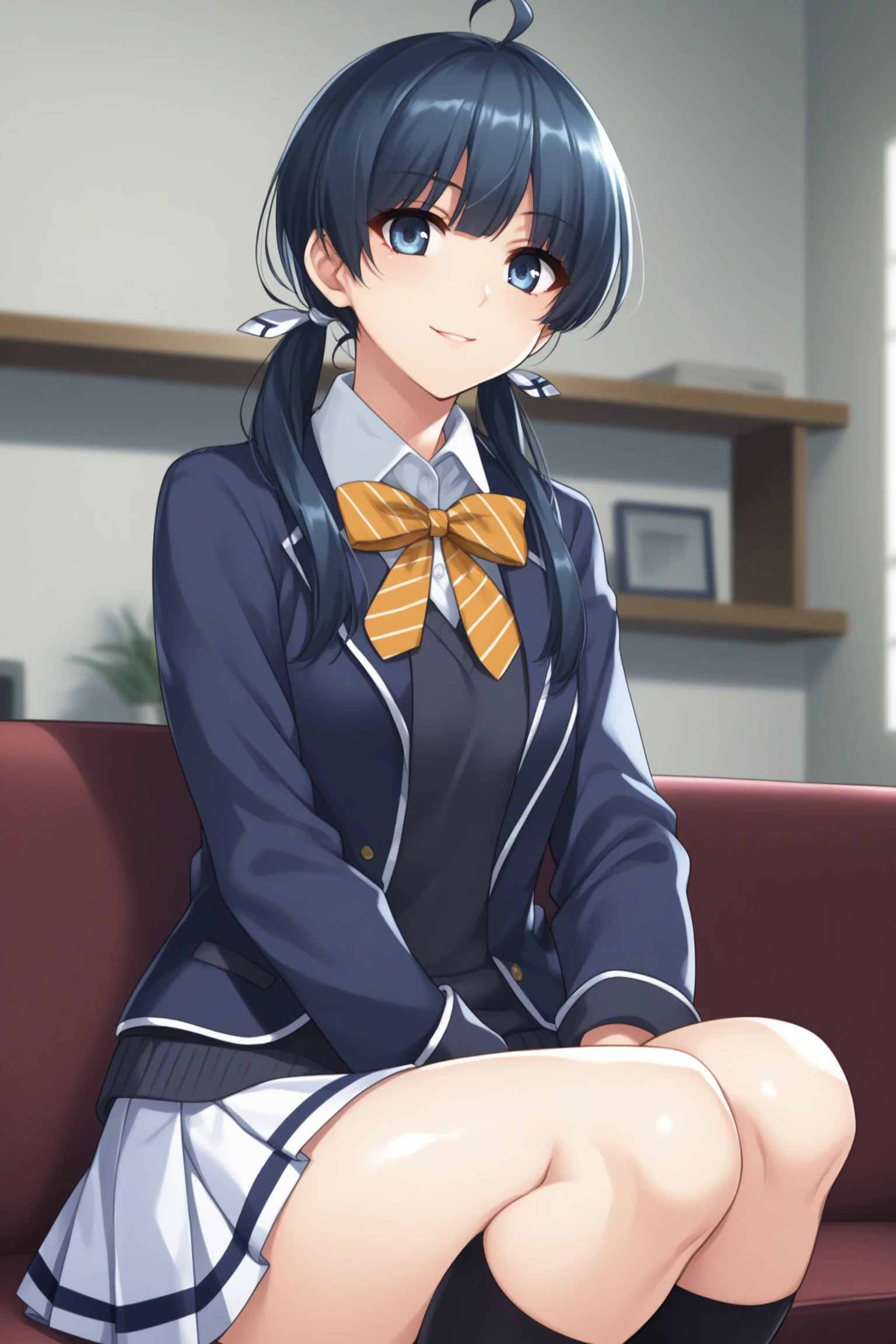 komachihikigaya, komachi hikigaya, short hair, Black Hair, hair ornaments, Ahoge, Hair Clip, x hair ornaments, (Purple eyes:1.1), tooth, smile, Open your mouth,
break skirt, ribbon, school uniform, Jacket, black Jacket, Plaid, Plaid skirt, blazer, sobu high school uniform,During pregnancy, childbirth, work, During pregnancyのお腹を抱きしめる,Black pantyhose,Brown loafers,Sitting on the sofa,whole bodyがイラストに入るように,
break indoors, room,
break looking at viewer,whole body,
break (masterpiece:1.2), Highest quality, High resolution, unity 8k wallpaper, (figure:0.8), (Beautiful attention to detail:1.6), Highly detailed face, Perfect lighting, Highly detailed CG, (Perfect hands, Perfect Anatomy),