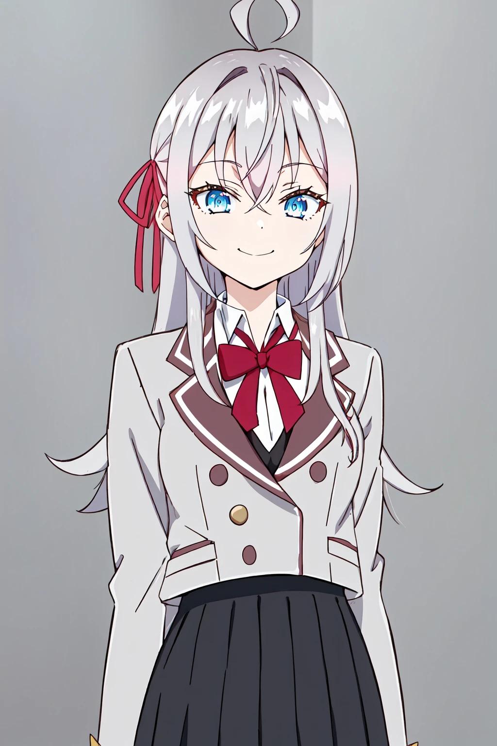 masterpiece, best quality, 1girl, solo, looking at the viewer, smile, alyallts, long hair, bangs, blue eyes, ribbon, hair ribbon, ahoge, grey hair, sidelocks, red ribbon, 
skirt, shirt, long sleeves, bow, ribbon, school uniform, jacket, hair ribbon, white shirt, grey hair, sidelocks, pleated skirt, open clothes, collared shirt, indoors, miniskirt, bowtie, black skirt, red bow, open jacket, red ribbon, white jacket, wing collar, red bowtie, grey skirt, crossed bangs, grey jacket, standing, simple background, white background, 
<lora:alya-llts:0.9>