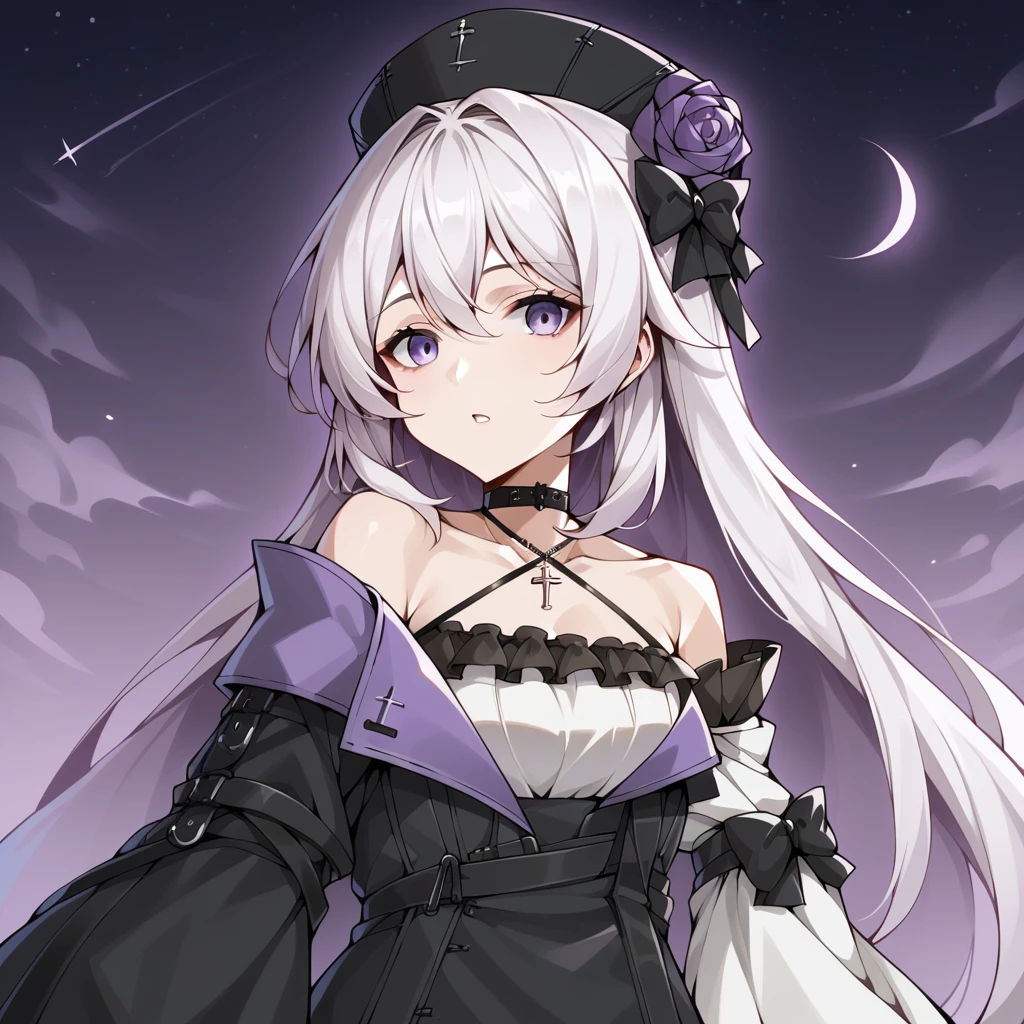 score_9_up, score_8_up, score_7_up, source_anime, 1girl, solo, Hela, AG_Def, moon light, starry sky, night sky, purple sky, standing, looking at you, angled shot, curious, parted lips, from side, upper body, face focus, white dress, criss-cross halter, halterneck, sleeves past wrists, detached sleeves, black choker, cross necklace, black bow, black headwear, hat, white hair, purple eyes, very long hair, bare shoulders, black straps, big bow, long dress, off-shoulder coat, black coat, wide sleeves, mismatched sleeves, asymmetrical sleeves, white sleeves, black sleeves, single detached sleeve, mature body, dynamic cowboy shot, outdoors, sky clouds background