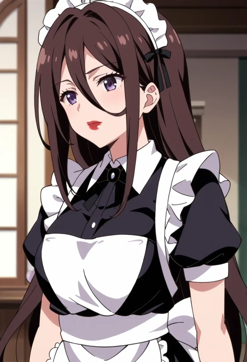 score_9, score_8_up, score_7_up, score_6_up,
source_anime, masterpiece, anime screencap,

1girl, solo,

Nukui Tomomi, lipstick, red lips, long hair, makeup, hair between eyes, purple eyes, brown hair,

maid