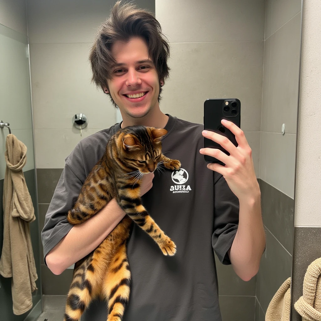 rub1us This is a photograph of a man holding a cat and taking a selfie in a bathroom. The man is standing in front of a mirror, holding a black smartphone in his right hand to capture the image. He is wearing a loose, dark gray T-shirt with white text and a small white logo on the left side. His expression is cheerful, with a wide smile revealing his teeth. The cat, which appears to be a British Shorthair with a distinctive brindled coat, is being held close to his chest with both arms.
In the background, to the left, there is a beige towel hanging on a hook. The bathroom features a modern design with neutral colors, including a light gray wall and a dark gray countertop. There is a small, circular mirror above the sink, and a towel rack with a beige towel hanging on the right side. The overall atmosphere is clean and cozy, with a focus on personal hygiene and pet care. The image captures a casual, everyday moment with a touch of humor and affection.
high resolution, 4k, photography