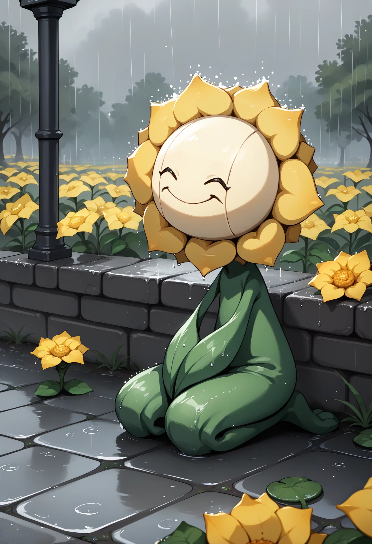 score_9, score_8_up, score_7_up, source_anime, kneeling, <lora:SunfloraPKMN-pdxl:1> sfl0r, pokemon \(creature\), no humans, yellow flower, closed eyes, smile, wet, outdoors, rain, overcast, cobblestone