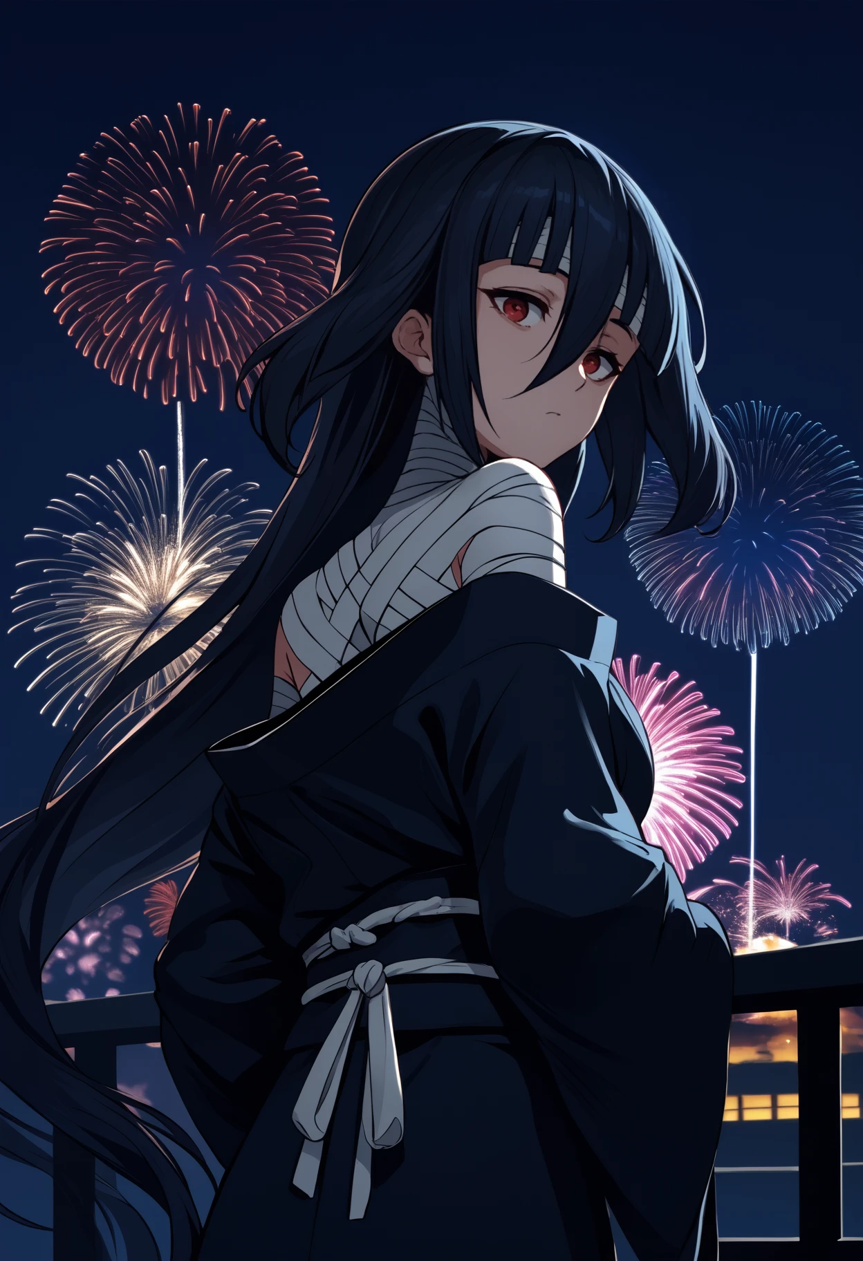 score_9, score_8_up, score_7_up, source_anime, <break> from behind, solo, 1girl, yamada tae, expressionless, looking back, black hair, red eyes, japanese clothes, black kimono, off shoulder, bare shoulders, bandages, bandaged head, bandaged neck, fireworks
<segment:yolo-face_yolov8m.pt,0.4,0.5//cid=1>