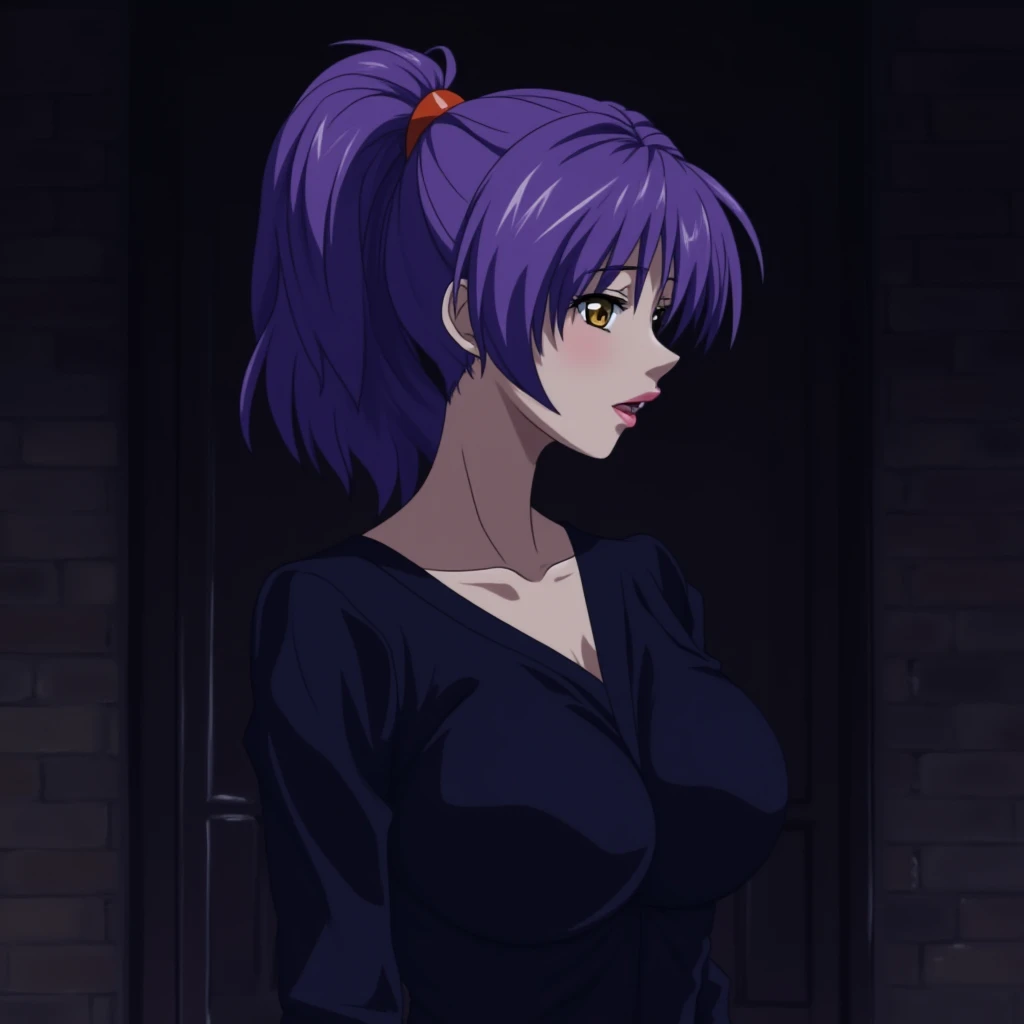 UHD, 4k, ultra detailed, cinematic, a photograph of  <lora:Bible Black Adult animation style v2:0.5>
In Adult animation style, In Manga and Anime cartoon style Nami kozono a woman with purple hair and black rob standing in a dark ritual room, 1girl, solo, breasts, short hair, ribbon, hair ribbon, yellow eyes, ponytail, purple hair, makeup, lipstick, wall, purple hair, choppy hair, nerd, eroge, anime, manga, nsfw, cartoon, Adult animation, explicit, Original video animation, Baiburu Burakku style, Bible Black style, upper body, epic, beautiful lighting, inpsiring