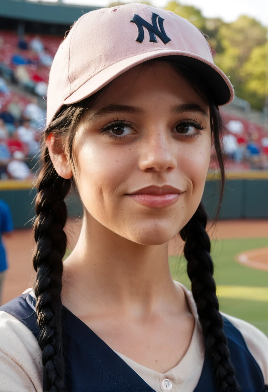 a beautiful picture of w3dn3sday, braided pigtails,upper body, photorealistic, woman, detailed, backlighting, light, RAW color photo,(fully in frame:1.1), detailed skin texture, (blush:0.5), (goosebumps:0.5),wearing a baseball uniform,baseball cap,outdoors,stadium,subtle smile,<lora:w3dnesday_100:1>