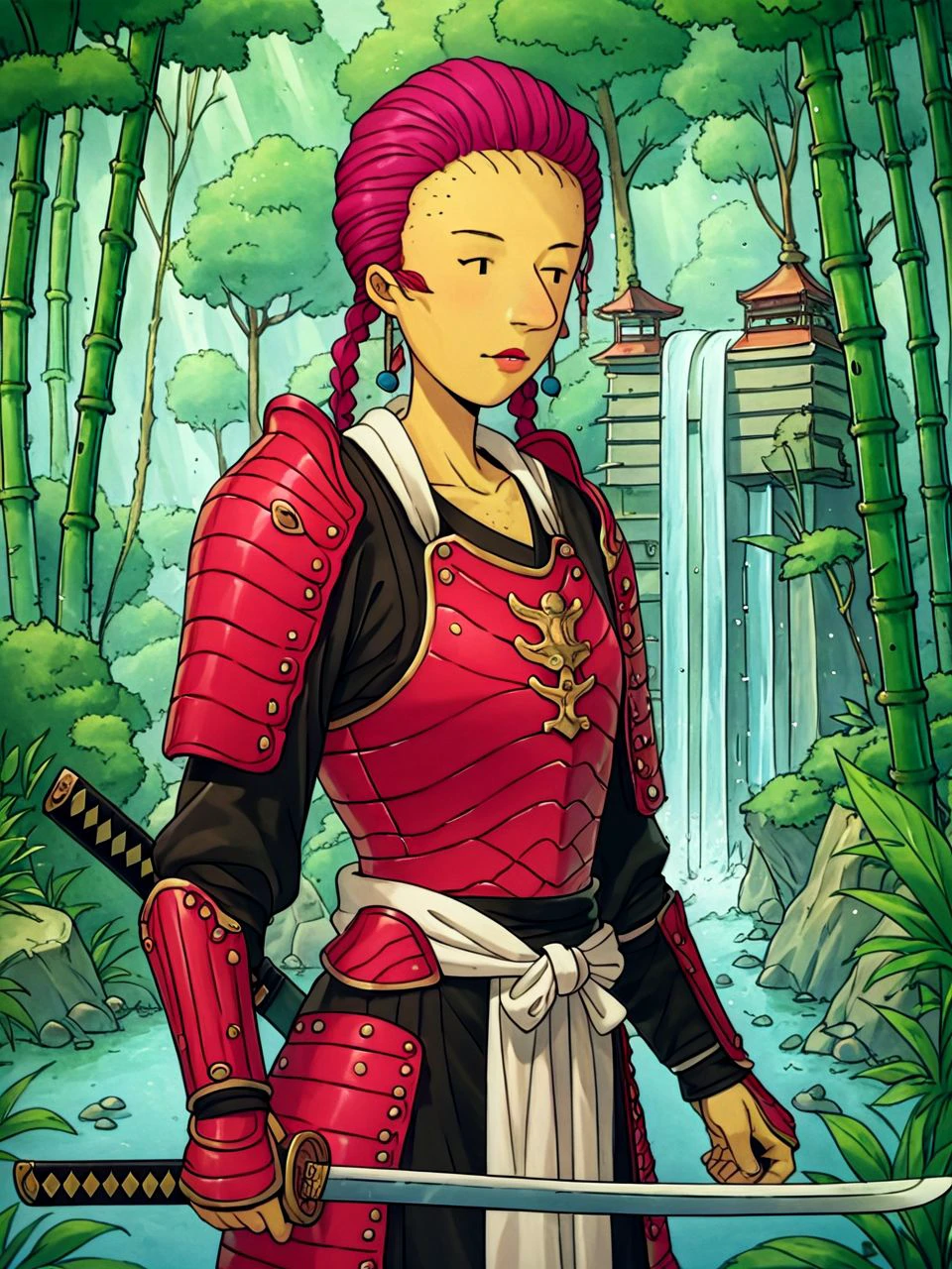 zpdxl3, japanese temple, bamboo forest, waterfall, stream, 1girl, samurai armor, pauldrons, chest armor, kabuto \(helmet\), holding steel katana, <lora:msKlotzTV_PDXL:0.7> msklotztv,  <lora:Pony_Weapon_Katana_-_By_HailoKnight:1>