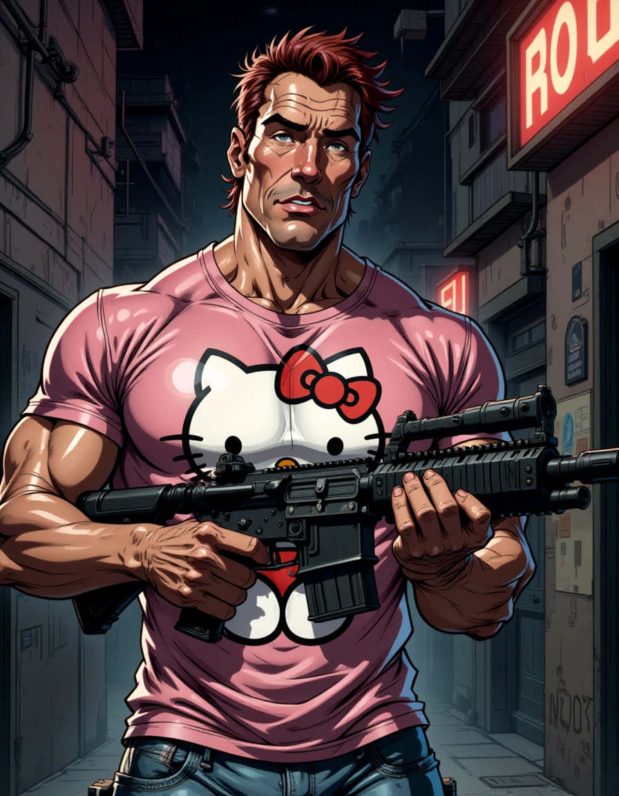 An 80s movie scene featuring Arnold Schwarzenegger, dressed in a bright pink Hello Kitty t-shirt, holding a large machine gun. The background is a gritty urban setting, with neon lights and dark alleyways, capturing the intense and action-packed atmosphere. Cinematic style, high resolution, with dramatic lighting and a focus on the contrast between the cute t-shirt and the heavy weaponry.
 <lora:marvelmixxv2_rank16_bf16:1>