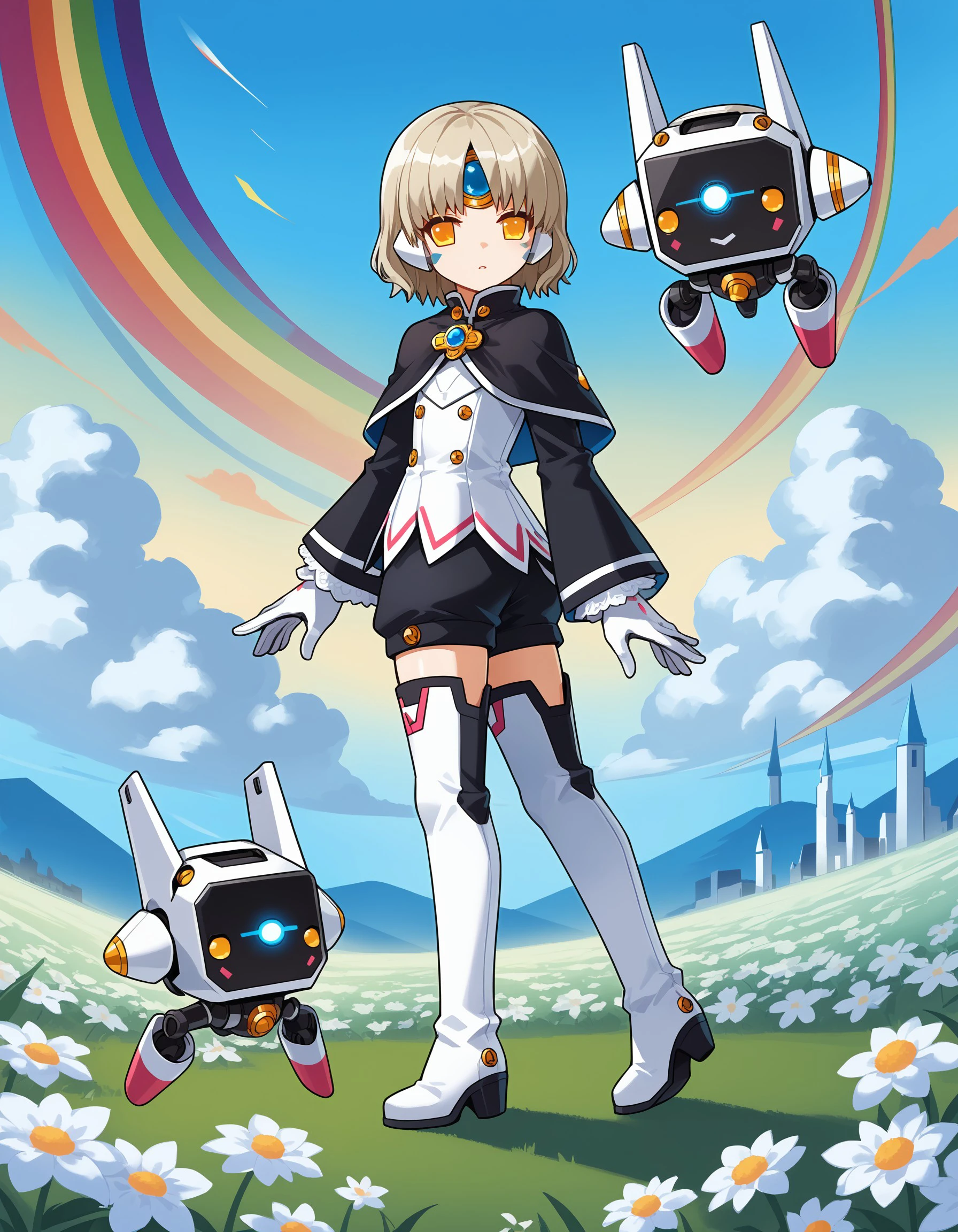 (masterpiece), best quality, expressive eyes, perfect face, hydrangea, rainbow, flower, capelet, boots, short hair, gloves, black capelet, thigh boots, white gloves, white footwear, full body, cloud, long sleeves, thighhighs, robot, from side, drone, pants, nasod_queen, <lora:e69c5912-0919-4674-b378-bb4fcf4043fb:0.7>