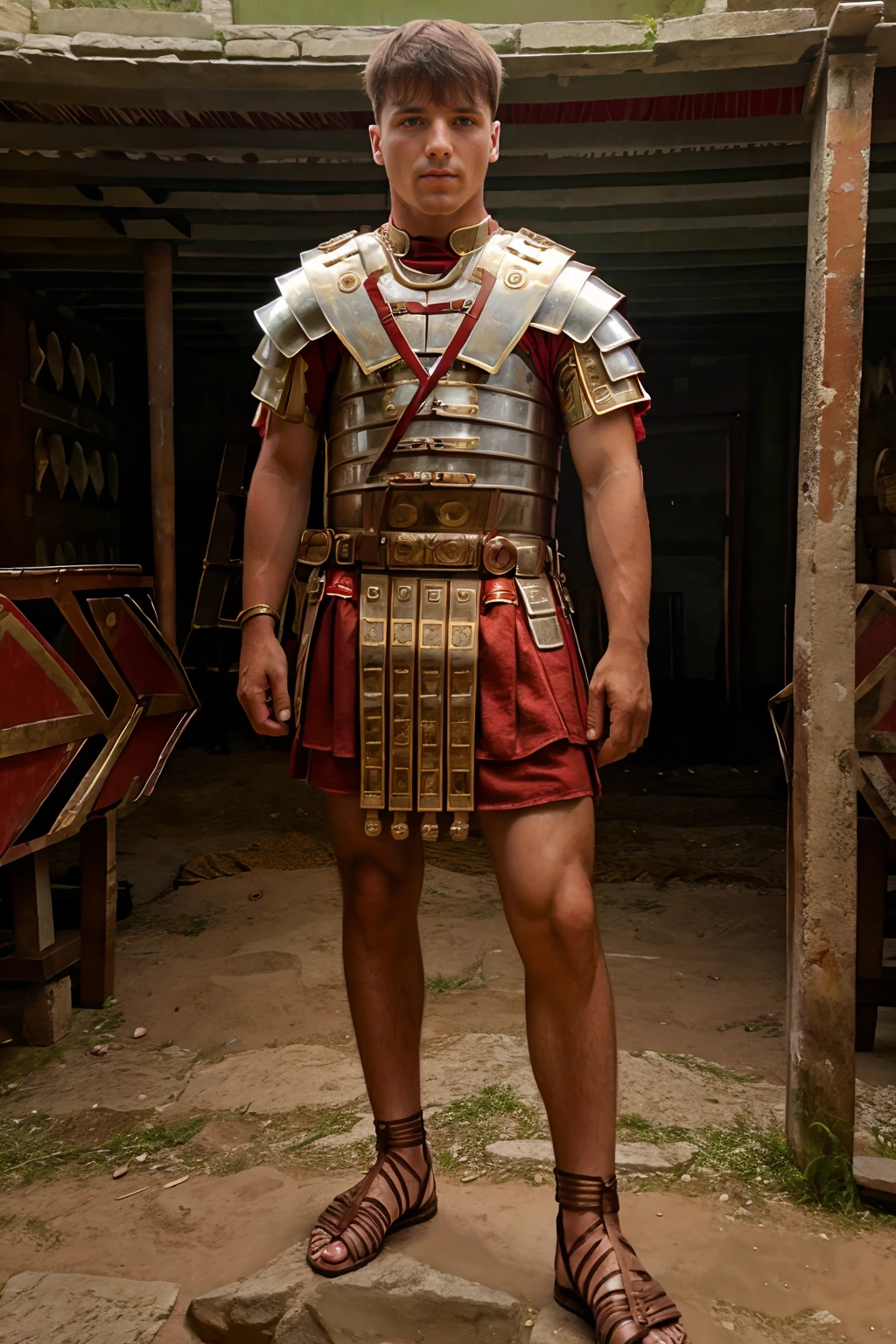 fantrome, standing inside a Roman army barracks, JuicyJC is a roman soldier, wearing loriseg armor, red tunic, sandals, <lora:JuicyJC:0.8>  <lora:loriseg:0.75> <lora:fantrome_v3:0.5>