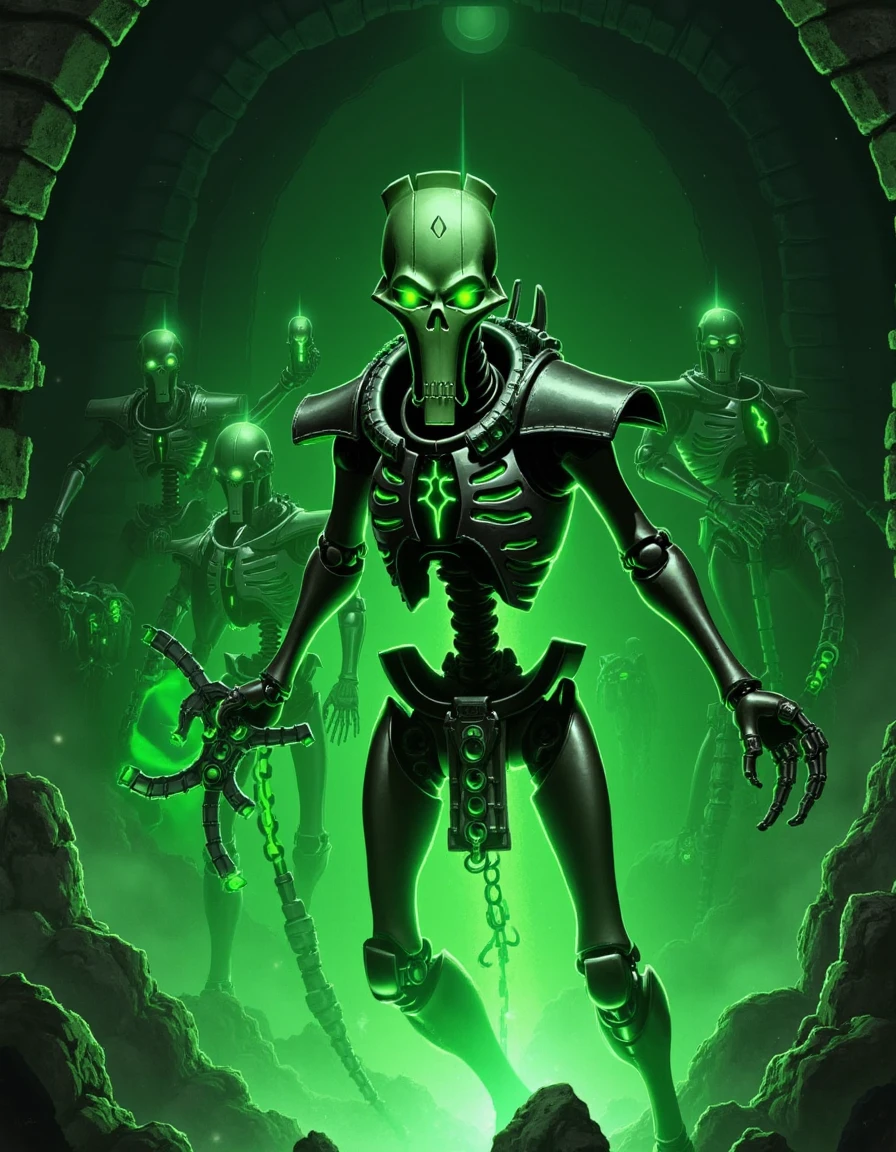 In Pixar-style animation, Necrons awaken inside a dark, metallic tomb complex. Green energy pulses through their eyes as they rise from stasis chambers, their mechanical bodies creaking to life with vibrant, cartoonish expressions of power.