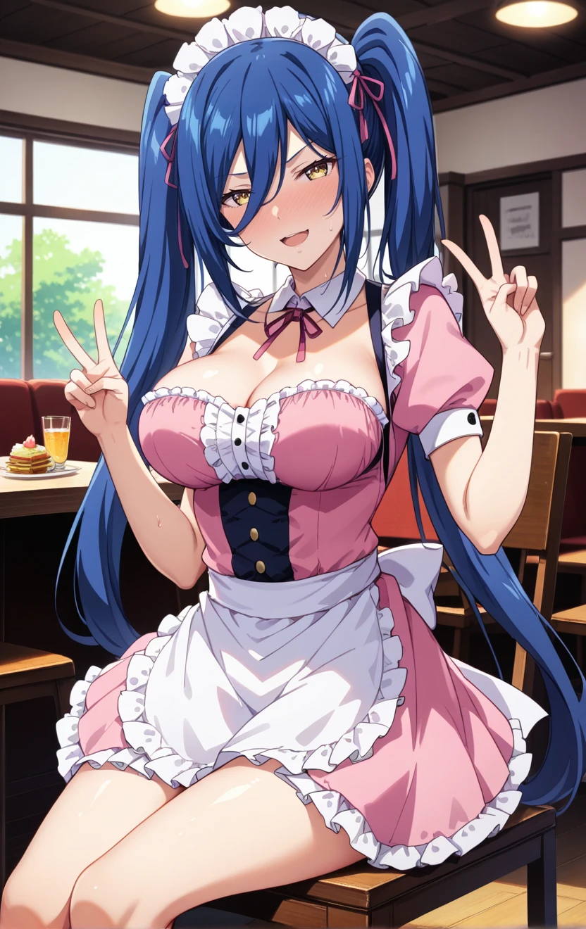 highschoolddKalawarnar, best quality, masterpiece, uncensored, 1girl,solo,
long hair,twintails, hair between eyes,yellow eyes,(half closed eyes:0.9),blue hair, shiny skin,breasts,maid,maid apron,cute,pink dress,frilled dress, legs,indoors,restaurant, cafe,smirk ,,leaning back ,sweat,full-face blush,open mouth  ,,cowboy shot ,hands up, v sign  ,sitting,chair,table ,<lora:HighSchoolDDKalawarnar4thtail_9:1>