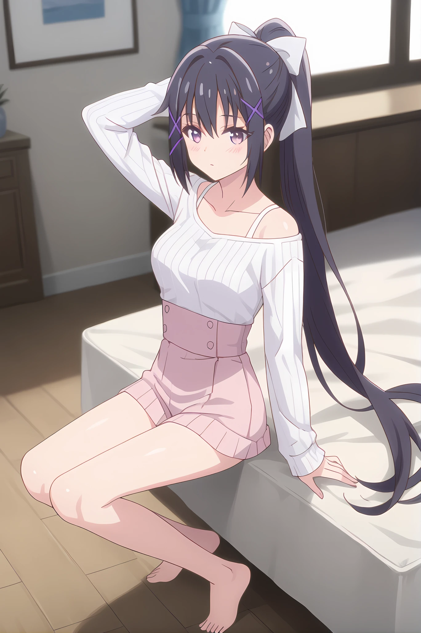 (:1.20), gg-nel, purple eyes, black hair, ponytail, x hair ornament, medium breasts, 1girl, solo, skinny, score_9, score_8_up, score_8, score_7_up, score_7, score_6_up, score_6, score_5_up, score_5, source_anime, blush, indoors, (full body:1.20), (:1.20), feet, <lora:gg-nel-V01-000003:1.00>