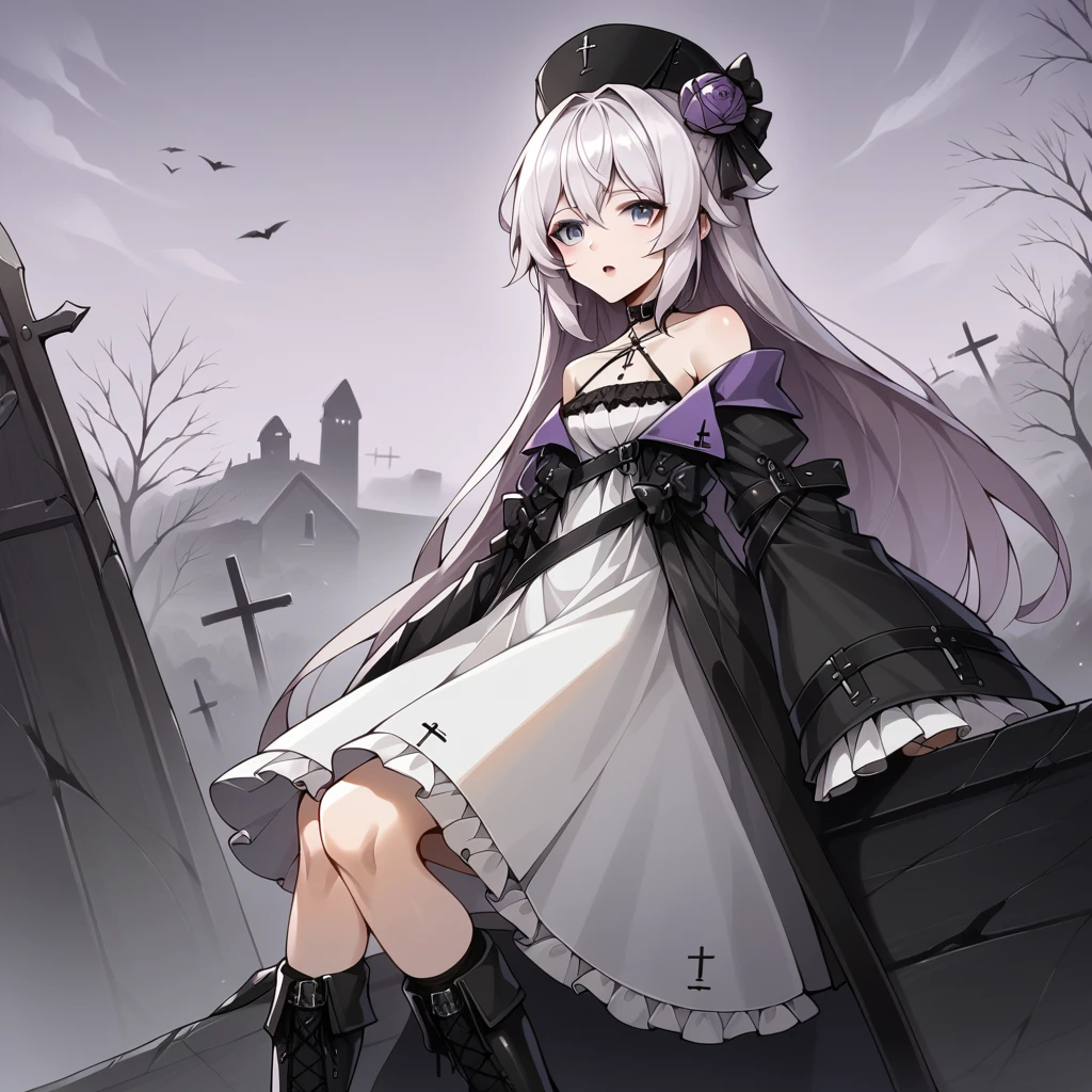 score_9_up, score_8_up, score_7_up, source_anime, 1girl, solo, Hela, AG_Def, dense forest, fog, mist, coffin, graves, spooky, purple sky, sitting on coffin, black footwear, boots, looking at you, open mouth, tilted head, curious, white dress, criss-cross halter, halterneck, sleeves past wrists, detached sleeves, black choker, cross necklace, black bow, black headwear, hat, white hair, purple eyes, very long hair, bare shoulders, black straps, big bow, long dress, off-shoulder coat, black coat, wide sleeves, mismatched sleeves, asymmetrical sleeves, white sleeves, black sleeves, single detached sleeve, mature body, dynamic cowboy shot, outdoors, graveyard background