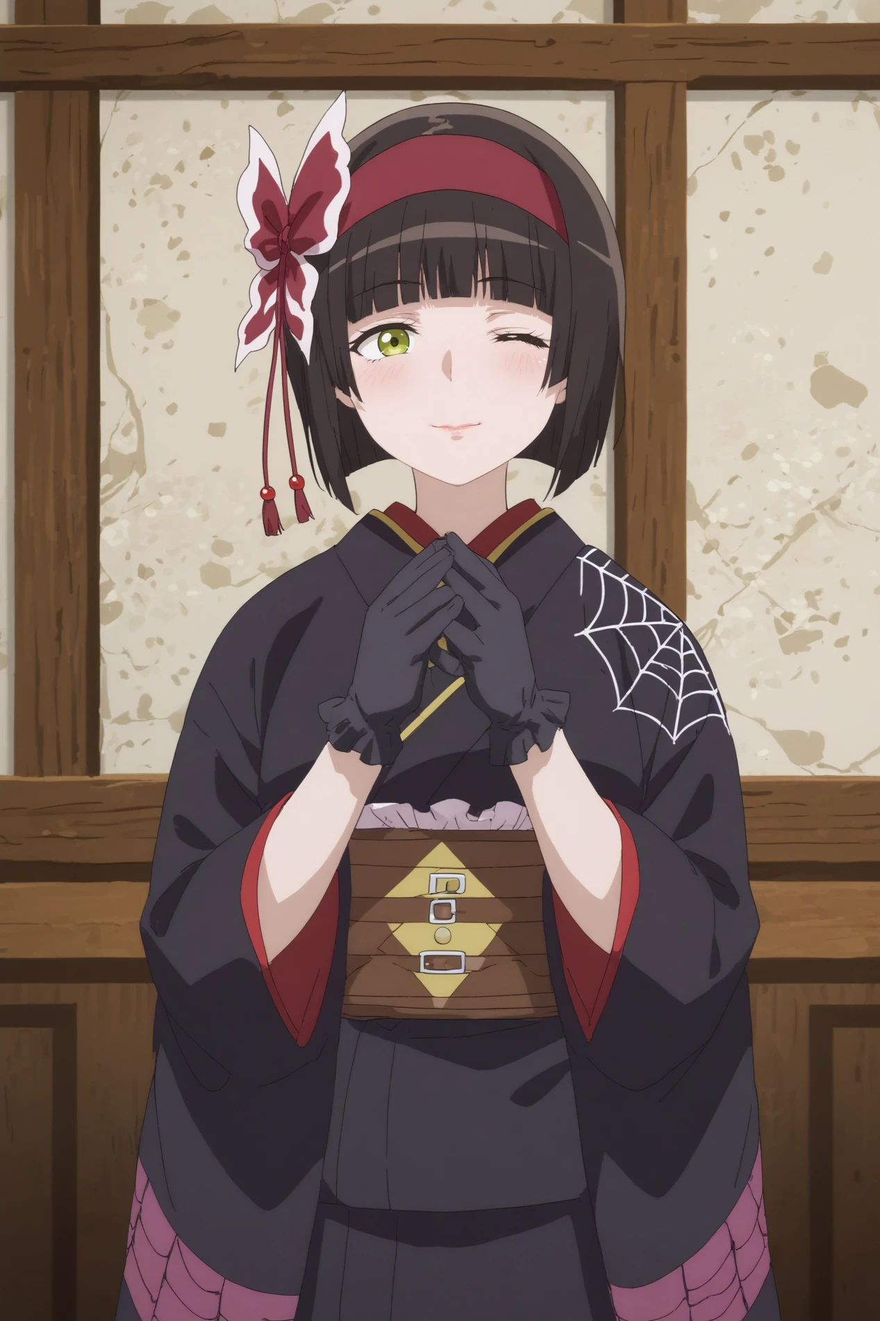 1girl,solo,mio,ponytail,mature,japanese clothes,bangs,short hair,kimono,spider web print,blunt bangs,black hair,gloves,black gloves,hair ornament,hairband,black kimono,good_hands <lora:Mio_-_Tsuki_ga_Michibiku_Isekai_Douchuu:0.8>