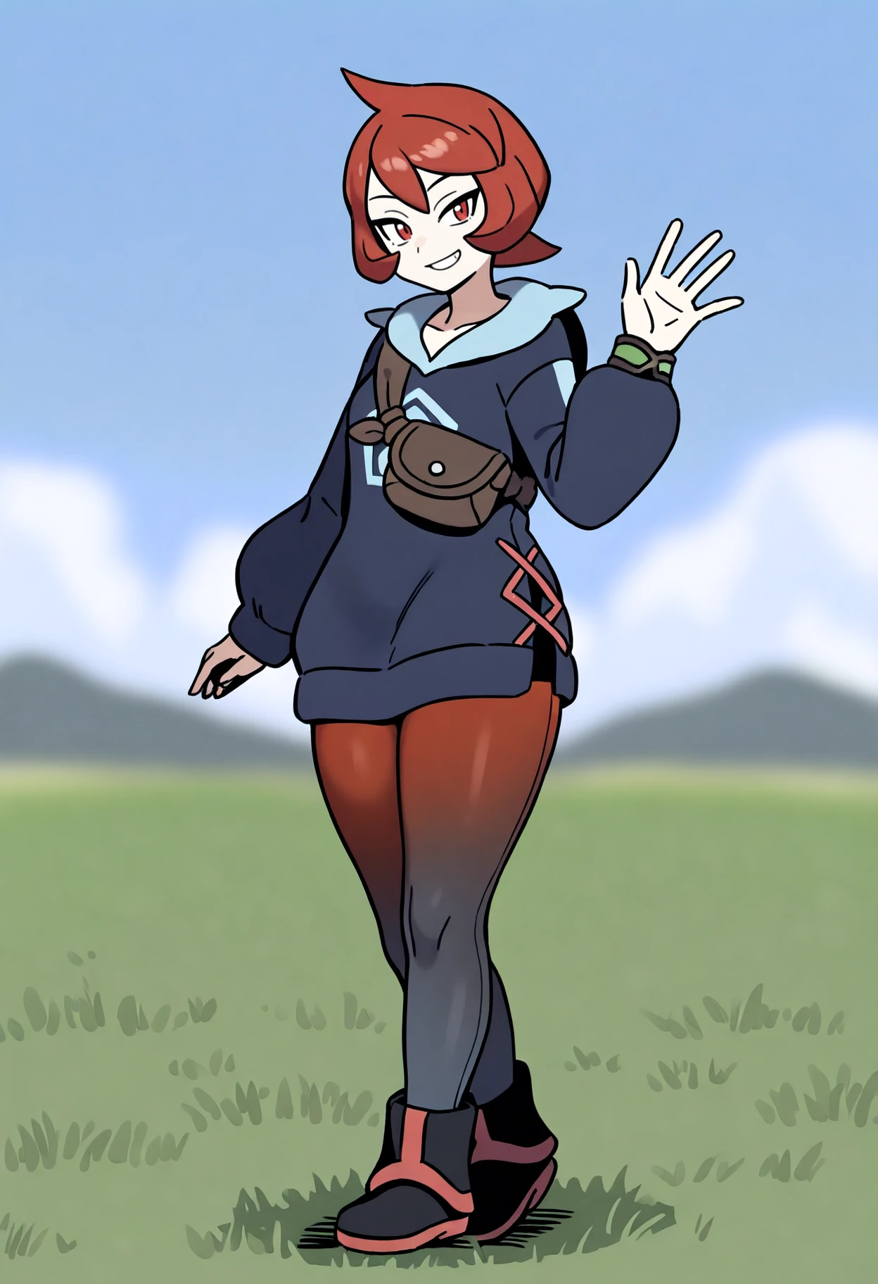 best quality, amazing quality, very aesthetic, absurdres,
1girl, arezu, red hair, cowlick, short hair, red eyes,
hoodie, long sleeves, pantyhose, boots, brown bag,
waving,
smile, standing, full body, looking at viewer, grass, blue sky, meadow, moutains background   <lora:ArezuIllustriousXL_byKonan:1>