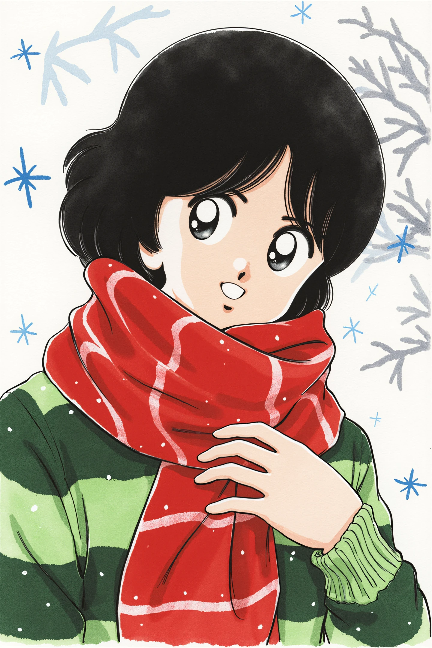 solo,1girl,black short hair,red striped scarf,black eyes,upper body,green striped sweater,head tilt,hand on own chest,snowing,tree,
<lora:Adachi_FLUX:1>,