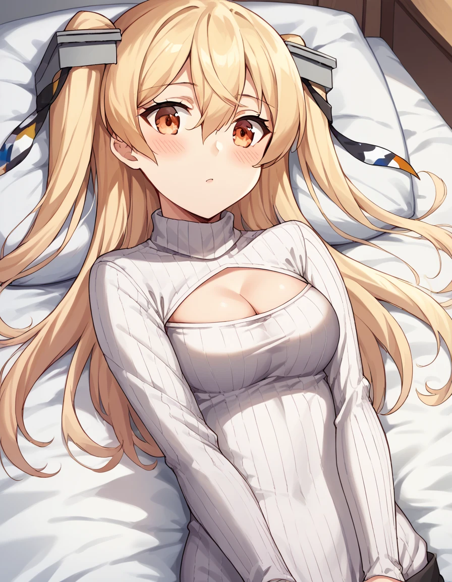 score_9, score_8_up, score_7_up, source_anime, <lora:kancolle-johnston-ponyxl-lora-nochekaiser_r1:1>, johnston, johnston (kancolle), blonde hair, hair between eyes, hair ornament, long hair, medium breasts, orange eyes, two side up, <lora:open-chest-sweater-ponyxl-lora-nochekaiser:1>, open-chest sweater, ribbed sweater, cleavage cutout, meme attire, clothing cutout, turtleneck, sweater dress, cleavage, clothes tug, sweater pull, cleavage reach,, indoors, bed, bed room, blush, on bed, on back, , cowboy shot, dutch angle