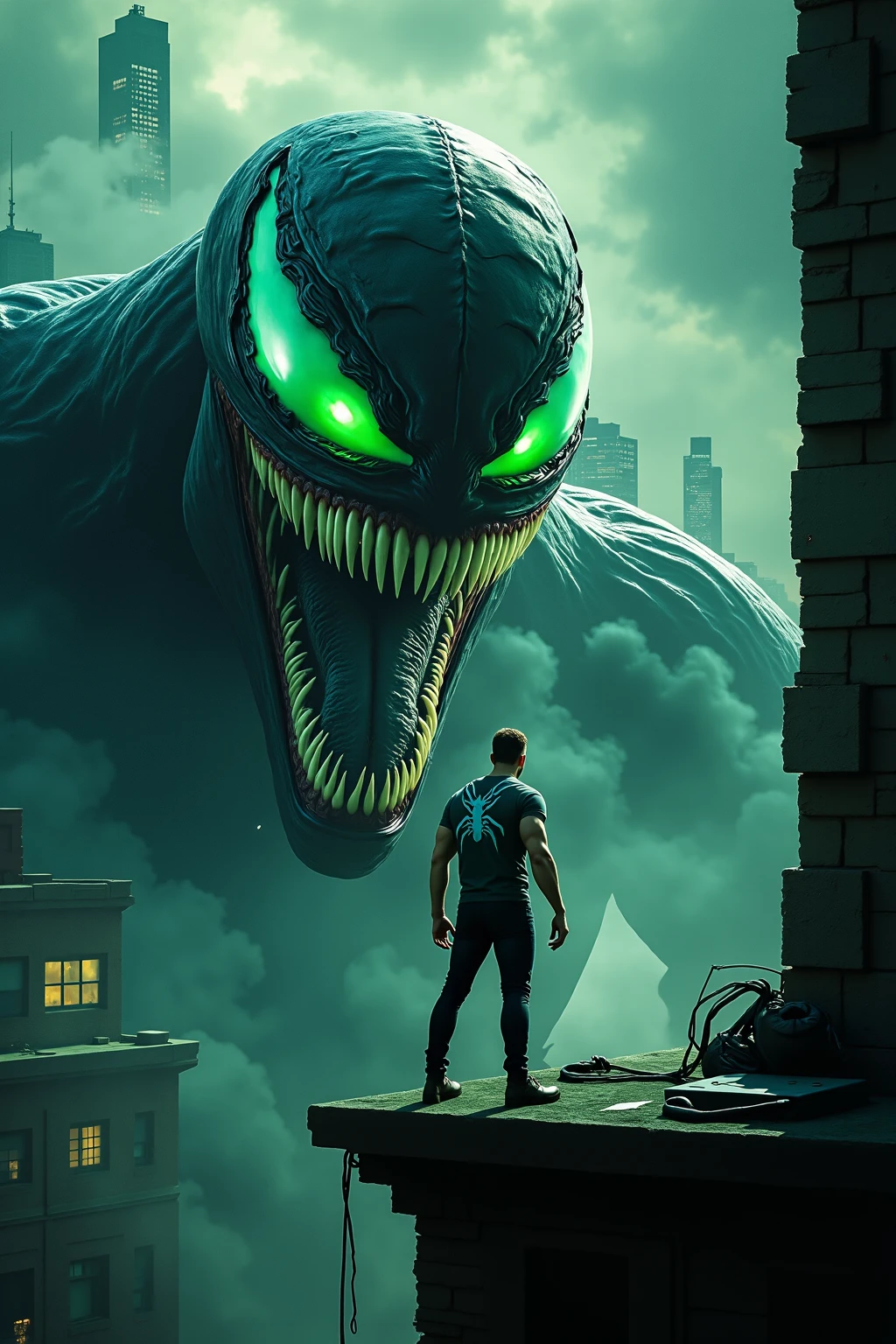 A highly detailed, cinematic perspective of Venom's palpable and terrifying green eyes shining in the dimly lit city queue, accompanied by the vibrant, gleaming lines and tall silhouettes of urban skyscrapers. Upon a rooftop, the amalgamated power of Venom and Eddie Brock stand ominously, reflected in the stone abandonment. A remote cloud drifts in from the frame, courtesy, it seems, of a marching fog leaking in from the edge. AVRCA judges your rendition of terror queue special..