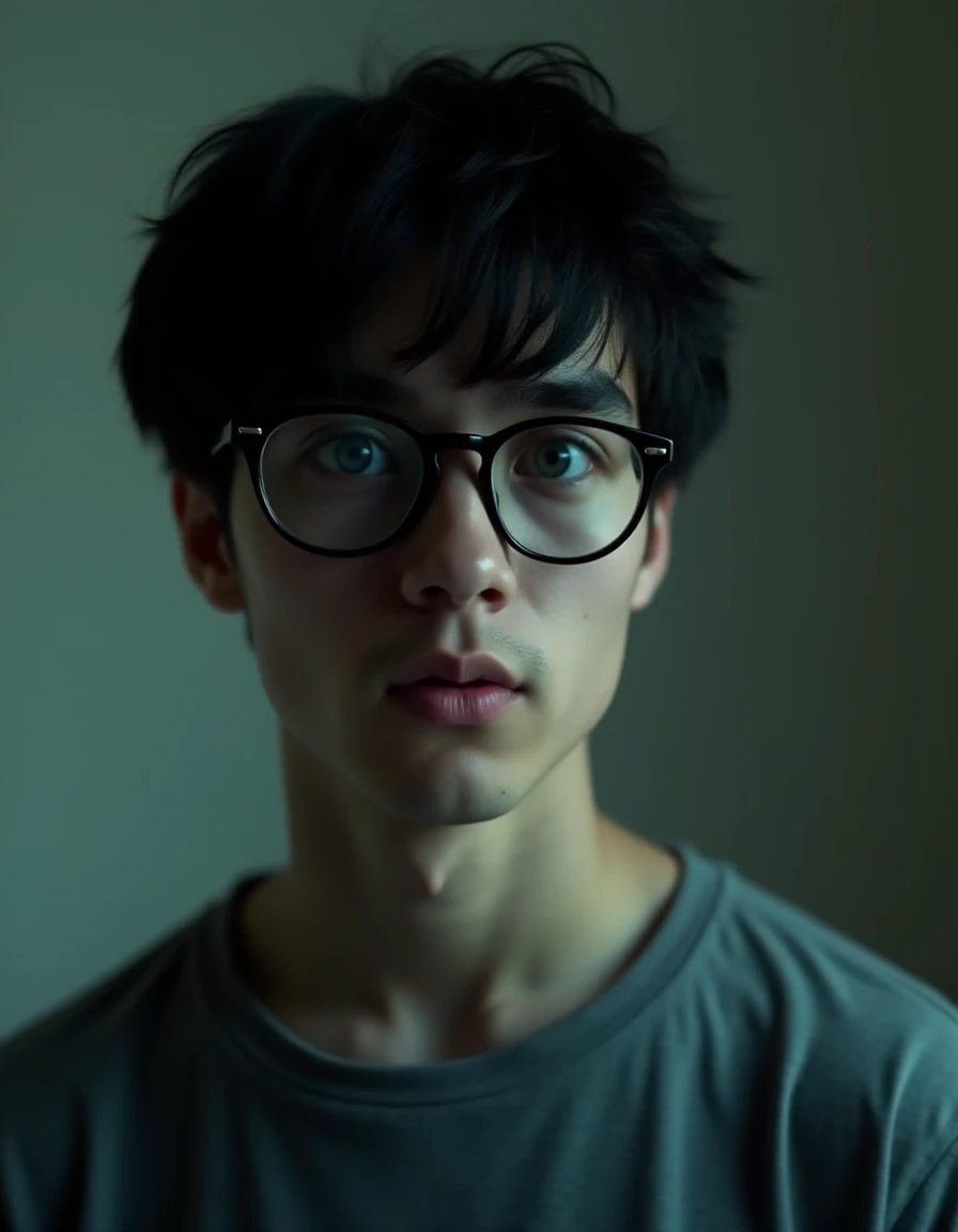 cinematic film still Lindsay-Shapley Ring, <lora:Pascal_Curious:1>, 1man, black hair, round glasses, blue eyes, grey t-shirt . shallow depth of field, vignette, highly detailed, high budget, bokeh, cinemascope, moody, epic, gorgeous, film grain, grainy