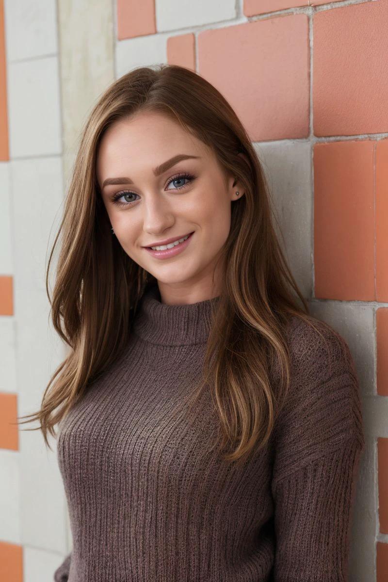 portrait of S550_DaisyStone,an attractive woman,in front of a (stained wall:1.1),wearing a (sweater suit),(smiling),(4k, RAW photo, best quality, 50mm, depth of field, ultra high res:1.1),(intricate, photorealistic, cinematic-shot, masterpiece, ultra-detailed:1.1),