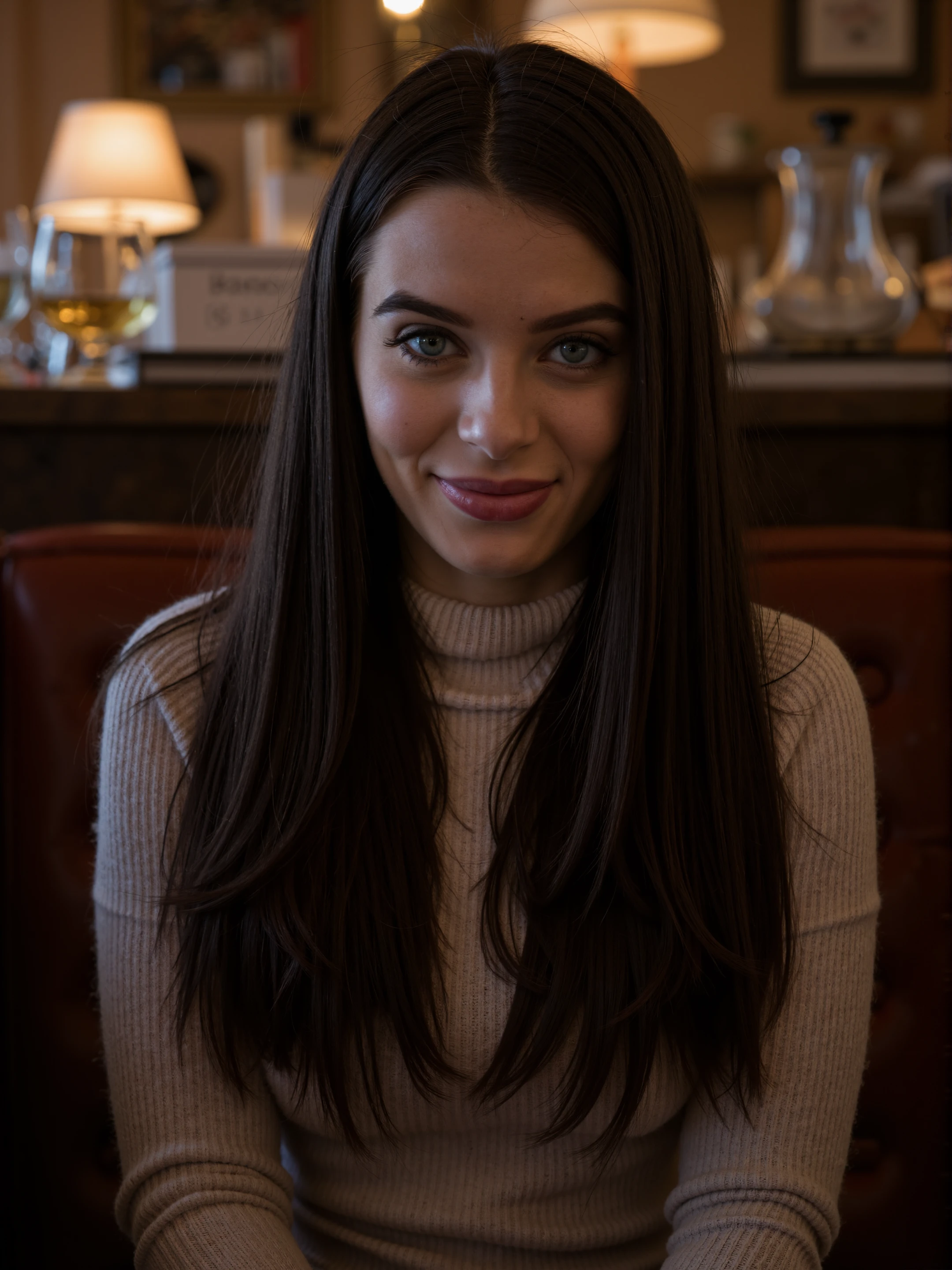 High quality professional photography. Dim and diffuse lighting.
a gorgeous dark haired woman with pale skin sitting in a booth in a pub facing the viewer. She has a cute smile on her face.
She is wearing a knitted turtleneck jumper.
She has long and straight hair.