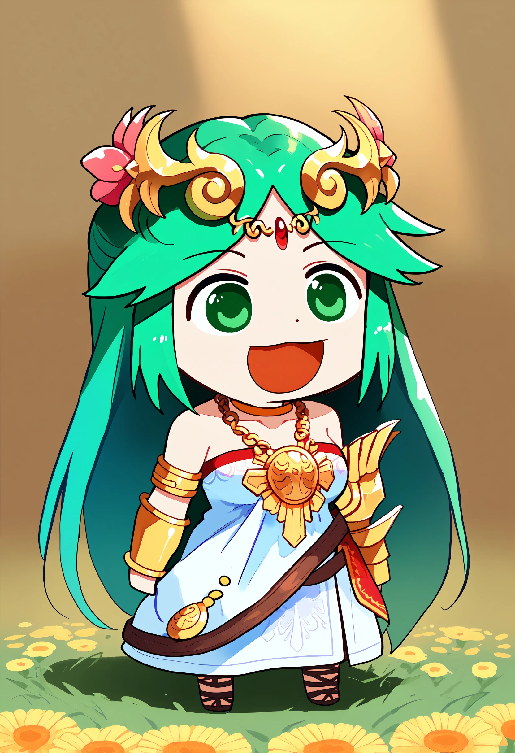 score_9, score_8_up, score_7_up, 1girl, plutena, green eyes, green hair, parted bangs, large breasts, forehead jewel, diadem, neck ring, gold choker, jewelry, gold chain, pendant, necklace, vambraces, armlet, circlet, tiara, collarbone, bare shoulders, strapless dress, white dress, <lora:Palutena_pdxl_Incrs_v1:1>, outdoors, <lora:GyateGyate_pdxl_Incrs_v1:1.2>, open mouth, smile, chibi, :d, :3, full body, flower,