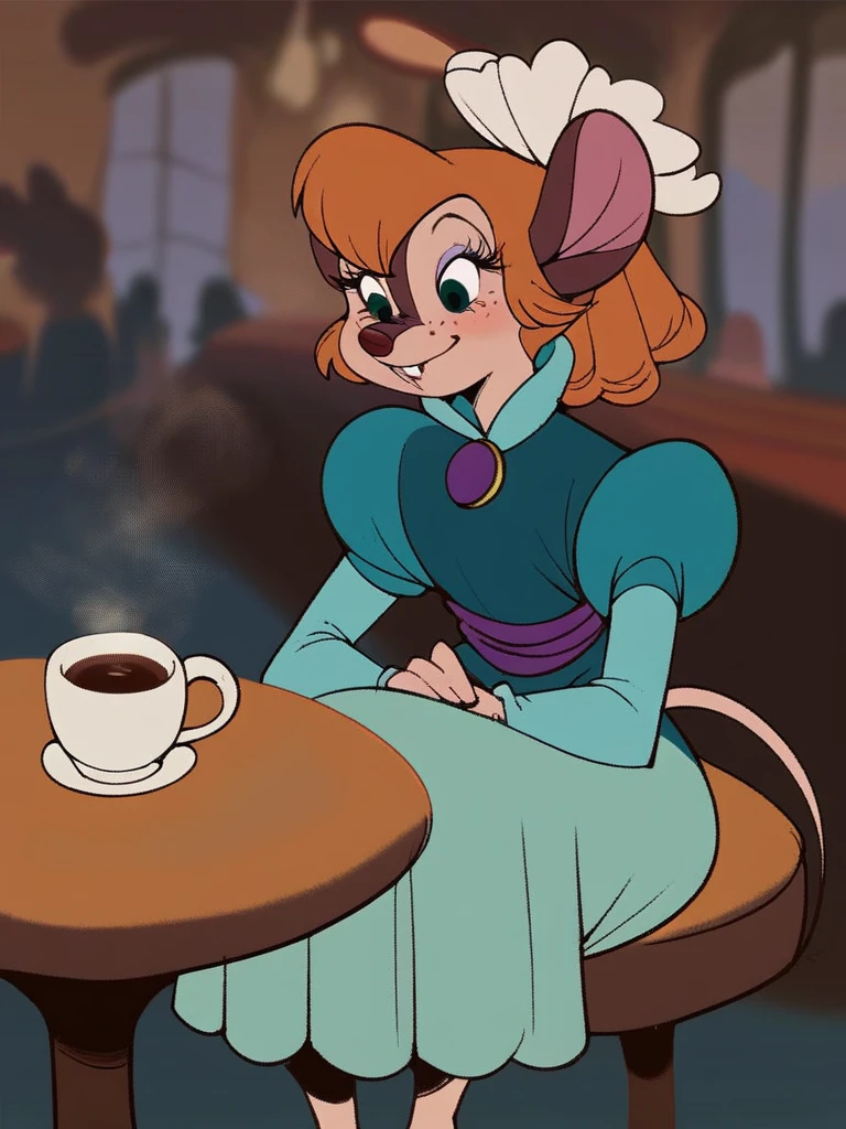 score_9, score_8_up, score_7_up, score_6_up, score_5_up, score_4_up , 1girl, solo, Bridget_AmericanTail, freckles, blue dress, cafe, sitting, table, coffee mug, steam, <lora:bridget-PonyXL-v1:1>