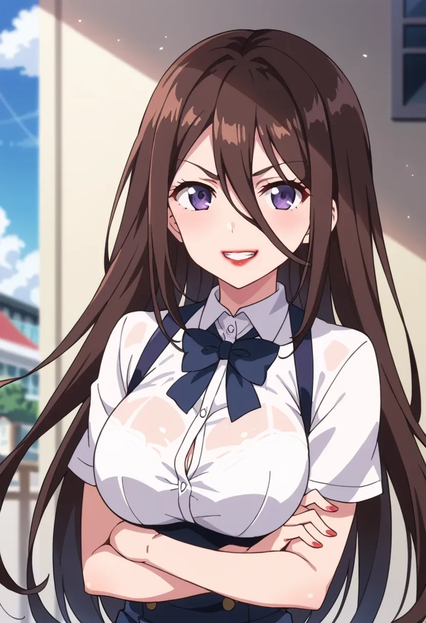 score_9, score_8_up, score_7_up, score_6_up,
source_anime, masterpiece, anime screencap,

1girl, solo,

Nukui Tomomi, lipstick, red lips, long hair, makeup, hair between eyes, purple eyes, brown hair,

crossed arms, hero shot, looking at viewer, big grin, bow, bowtie, white shirt