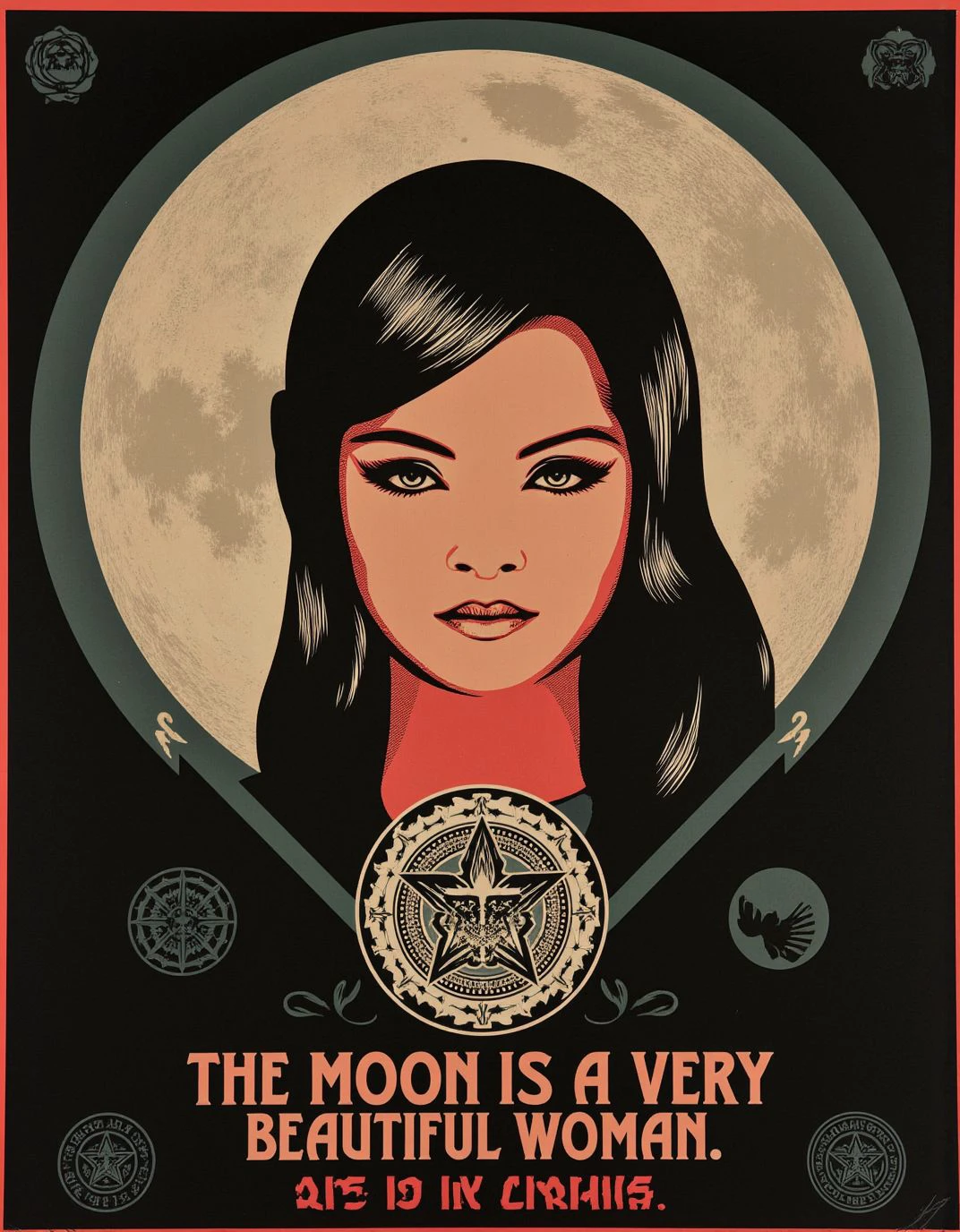 <lora:ShepardFairey:1>, ck-fairey,  poster, A mysterious femme fatal on Mars, her hair is a sleek low fall ponytail, dark eyeliner, dark mascara, Fashion week, Moon in background. The text "THE MOON IS A VERY BEAUTIFUL WOMAN. SHE IS IN CONTROL " is placed neatly at the bottom center, complementing her seducive demeanor.