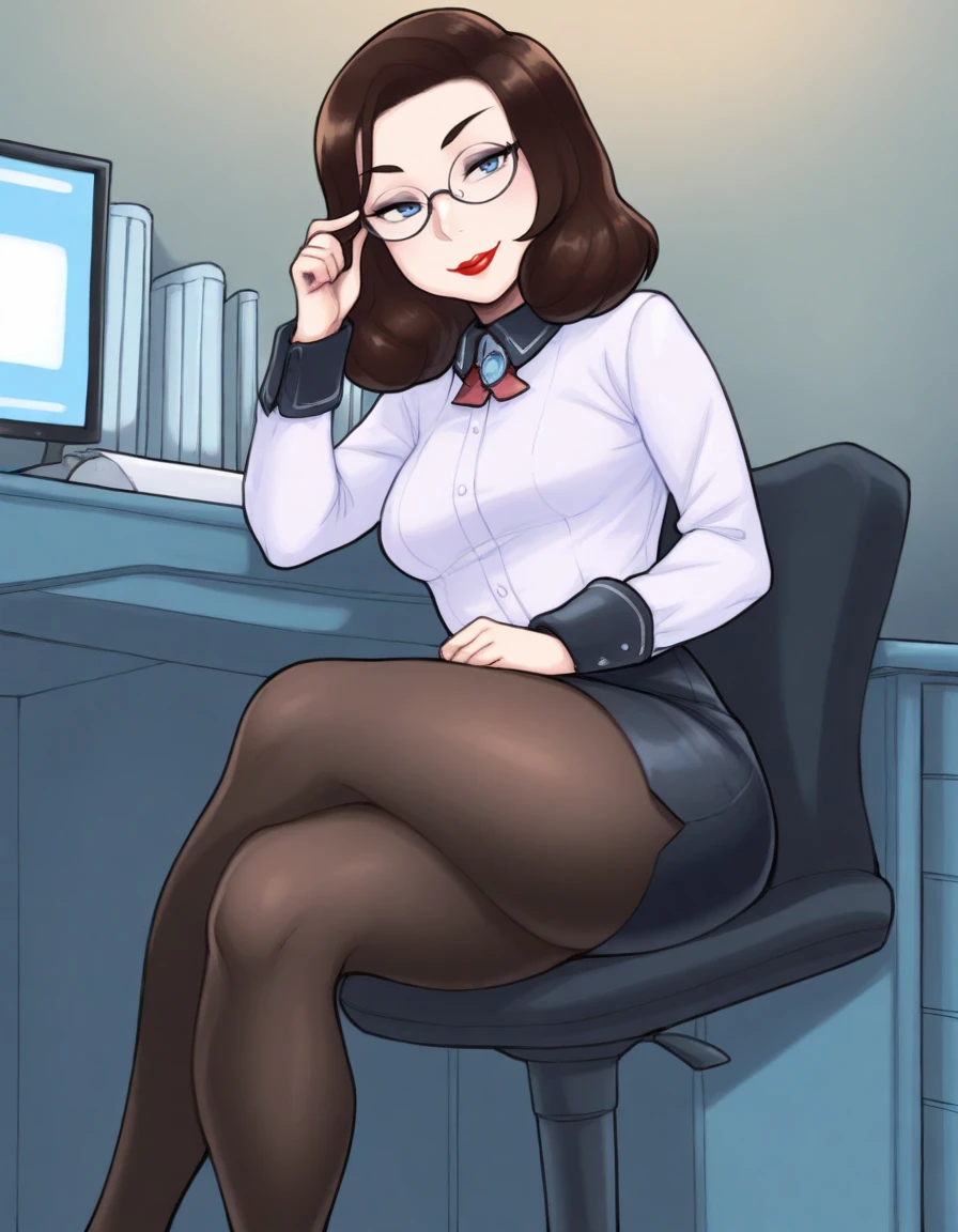 masterpiece, best quality, very aesthetic, absurdres,uncensored, gloss,
BREAK,
elizabeth bas, 1girl, brown hair, solo, red lips,  blue eyes, breasts, lips, makeup, lipstick, medium breasts, medium hair, office lady, black pantyhose, sitting, office, crossed legs, seductive smile, shirt, pencil skirt, computer, glasses, hand on eyewear
<lora:elizabeth_bas_illust:0.8>
<lora:artsheops_illustrious_v1:0.8>