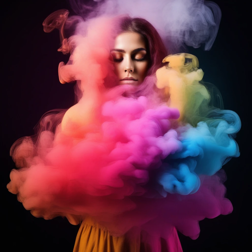 a woman hiding in a multicolored colorful smoke