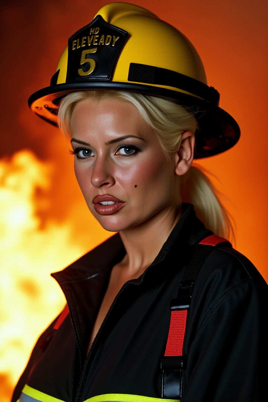 <lora:Sarenna_Lee_Flux:1.05> professional photo, close-up portrait of a 40yo woman in firefighter gear, cinematic, flames in the background, bokeh