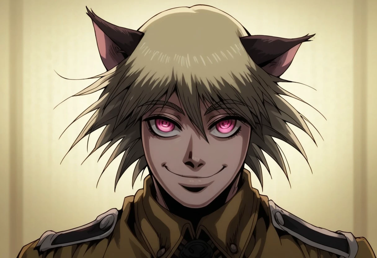 score_9, score_8_up, score_7_up, Neonhades, hellsing_ultimate_style, portrait, beautiful, dramatic lights. schrodingerhellsing. 1boy. male focus. catboy. cat boy. blonde hair, pink eyes, smile, ^.^