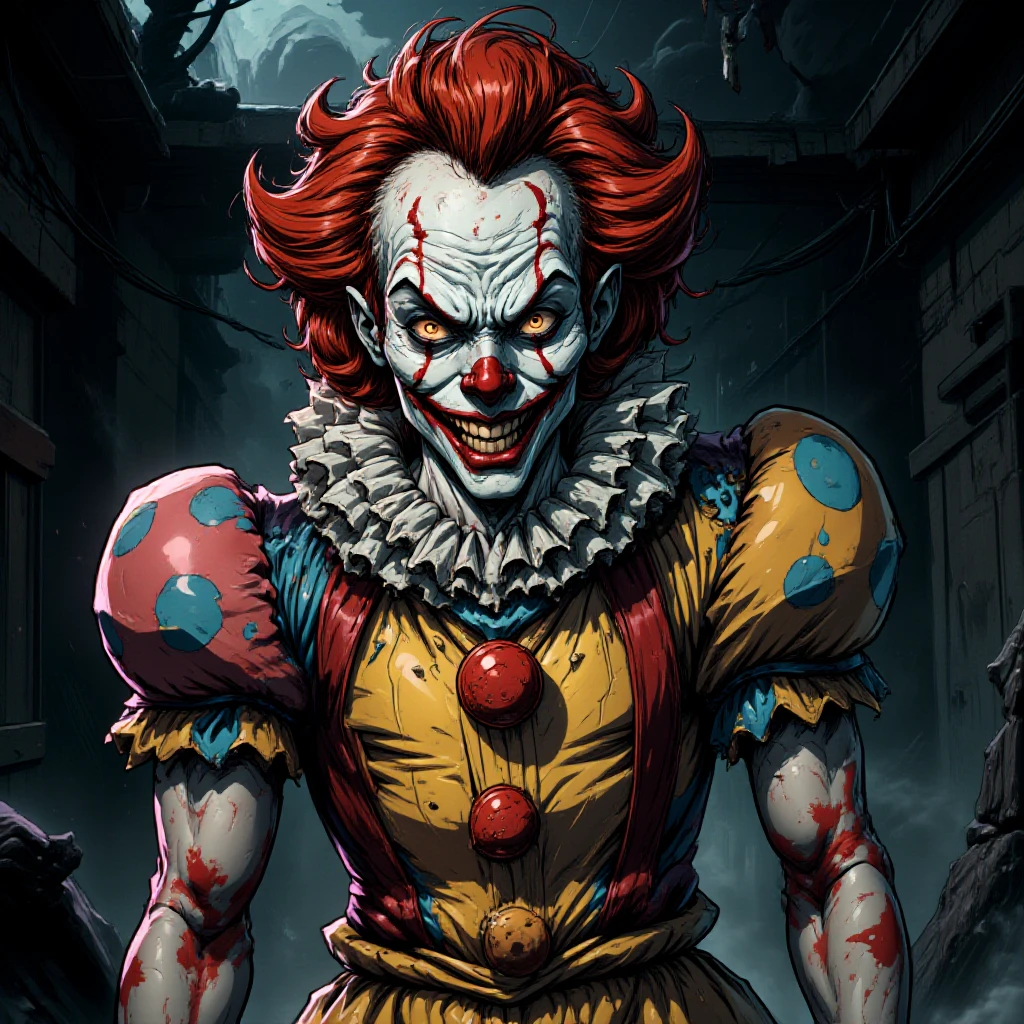 a sinister clown character, standing in a dark, misty environment, he has a bright red wig that is wild and unkempt, contrasting sharply with his pale, ghostly skin, his face is painted with exaggerated features, including a wide, menacing grin that reveals sharp, pointed teeth, and deep-set, haunting eyes that seem to glow with a malevolent light, he is wearing a colorful, tattered costume with oversized buttons and frayed edges, adding to his unsettling appearance, the background is dimly lit with swirling fog and shadowy shapes, enhancing the eerie atmosphere, his posture is slightly hunched, suggesting a lurking presence, as if he is ready to spring into action, the overall mood is chilling and unnerving, capturing the essence of a malevolent figure that embodies both whimsy and horror, drawing viewers into his disturbing world.
 <lora:marvelmixv1_rank16_bf16-step05000:1>