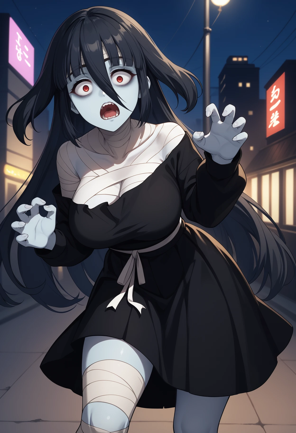 score_9, score_8_up, score_7_up, source_anime, <break> solo, 1girl, yamada tae, zombie, blue skin, open mouth, teeth, looking at you, claw pose, reaching towards viewer, black hair, red eyes, constricted pupils, black dress, off shoulder, waist ribbon, white ribbon, long sleeves, bandages, bandaged head, bandaged neck, bandaged leg, large breasts, night, outdoors, city
<segment:yolo-face_yolov8m.pt,0.4,0.5//cid=1>